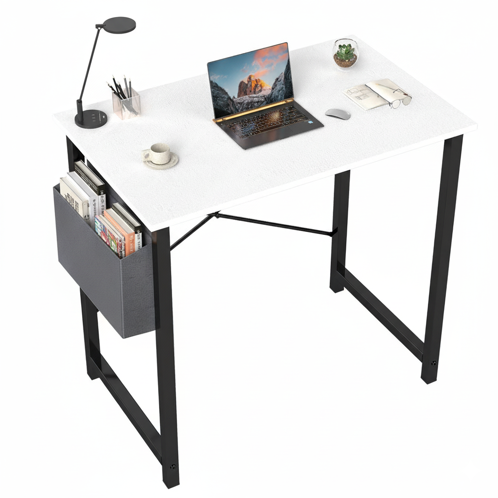 Escritorio para computadora con bolsa de almacenamiento de tela, estructura de acero y madera