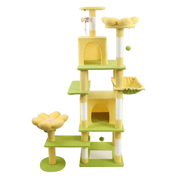 Árbol rascador para gatos de 71 pulgadas con forma de flor, condominio y hamaca, amarillo
