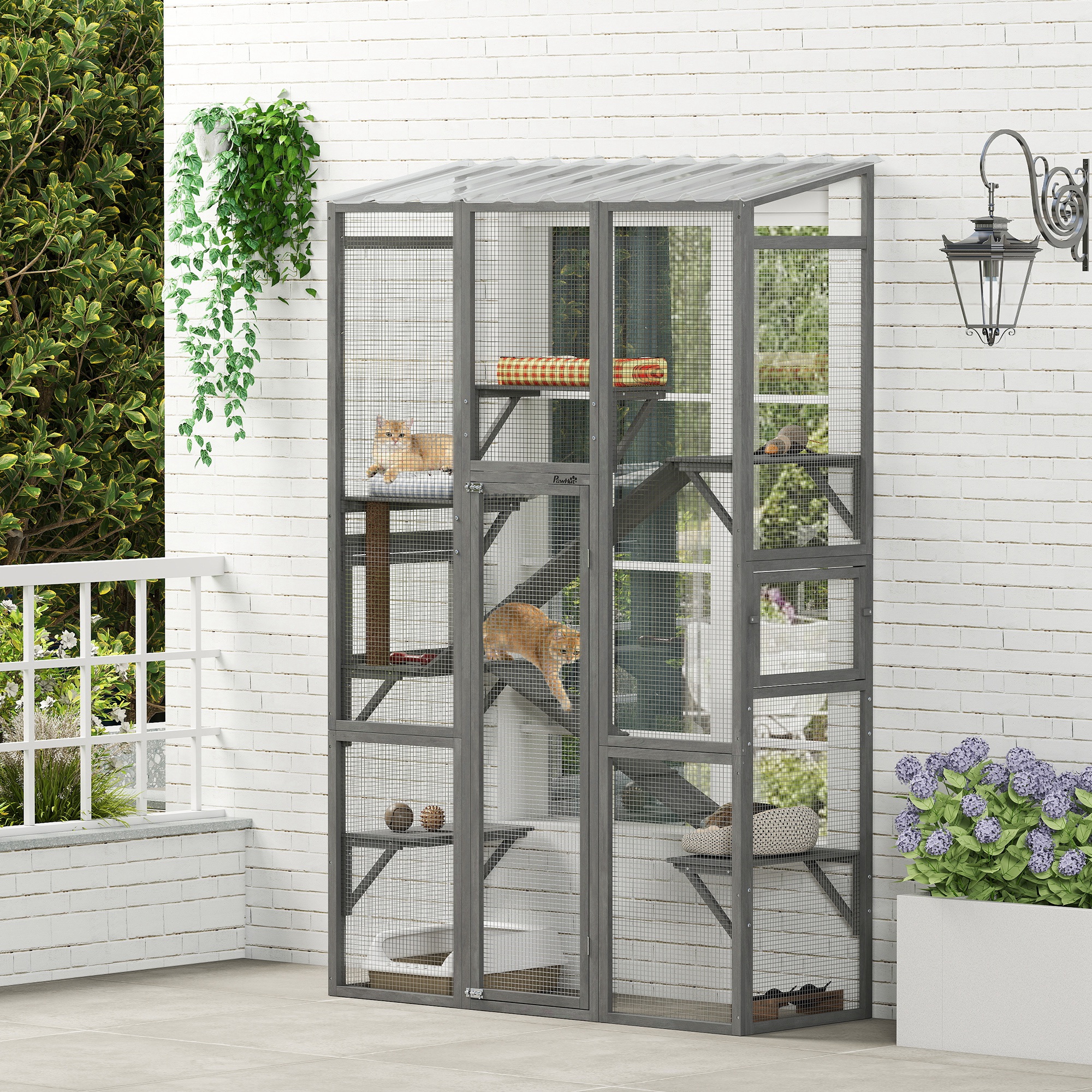 Catio de madera exterior grande para gatos con 6 plataformas de salto, rascador y 2 rampas