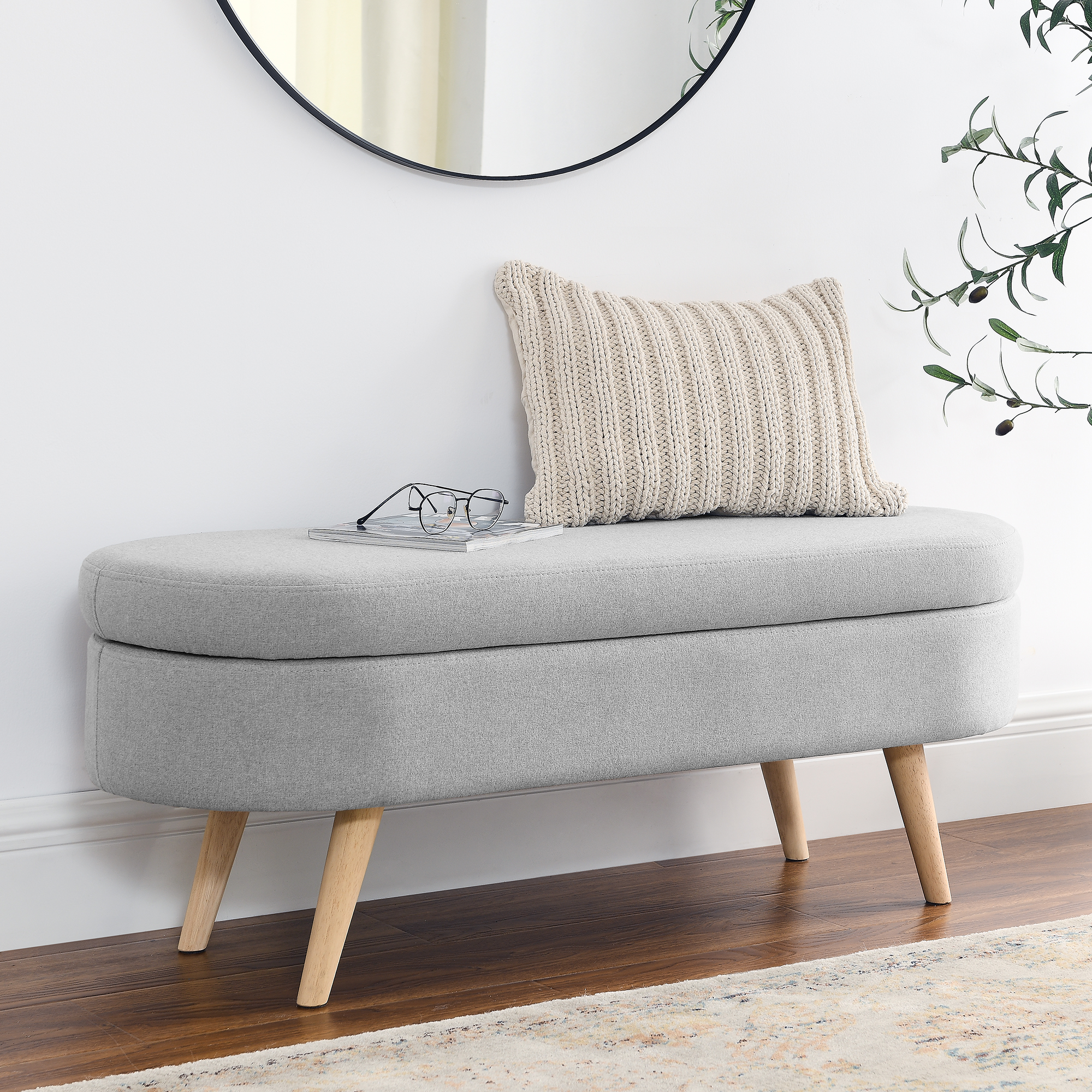 Ottoman Oval Storage Bench, Rubber Wood Legs, Grey 43.5x16x16