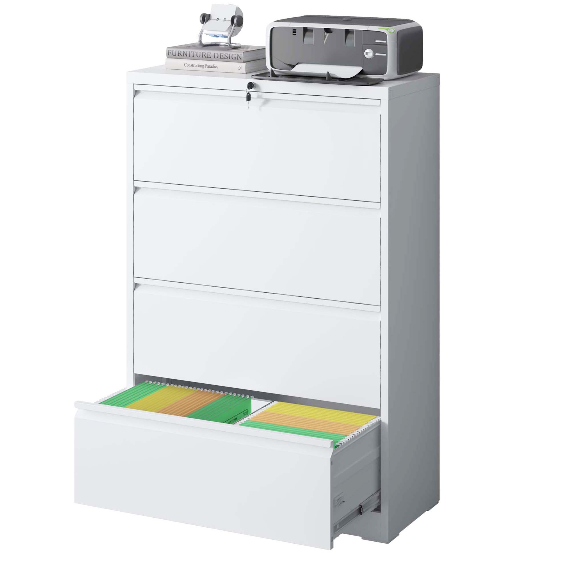 Archivador lateral de metal con 4 cajones, blanco, con cerradura, para oficina