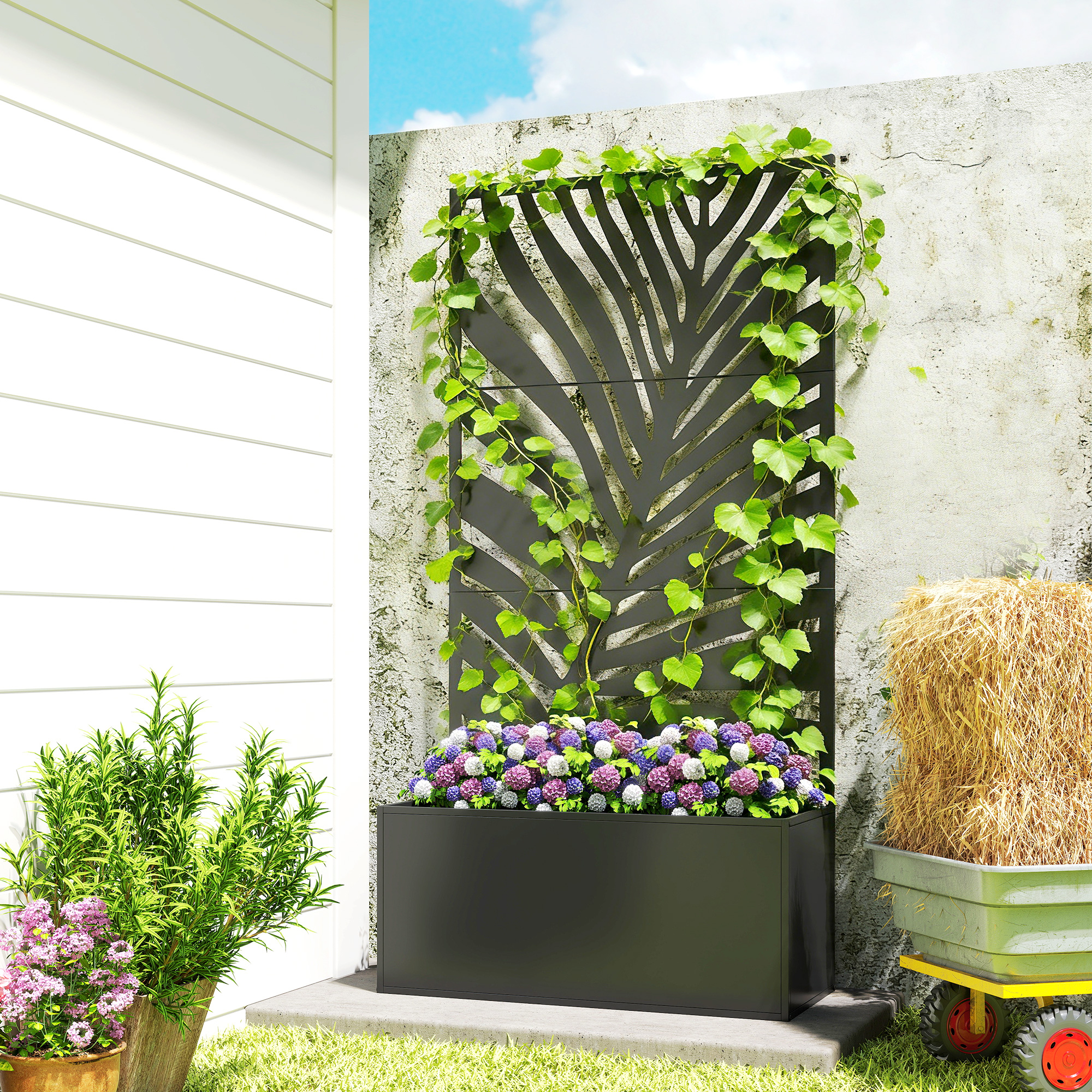 Jardinera de metal con enrejado, cama de jardín elevada para plantas trepadoras