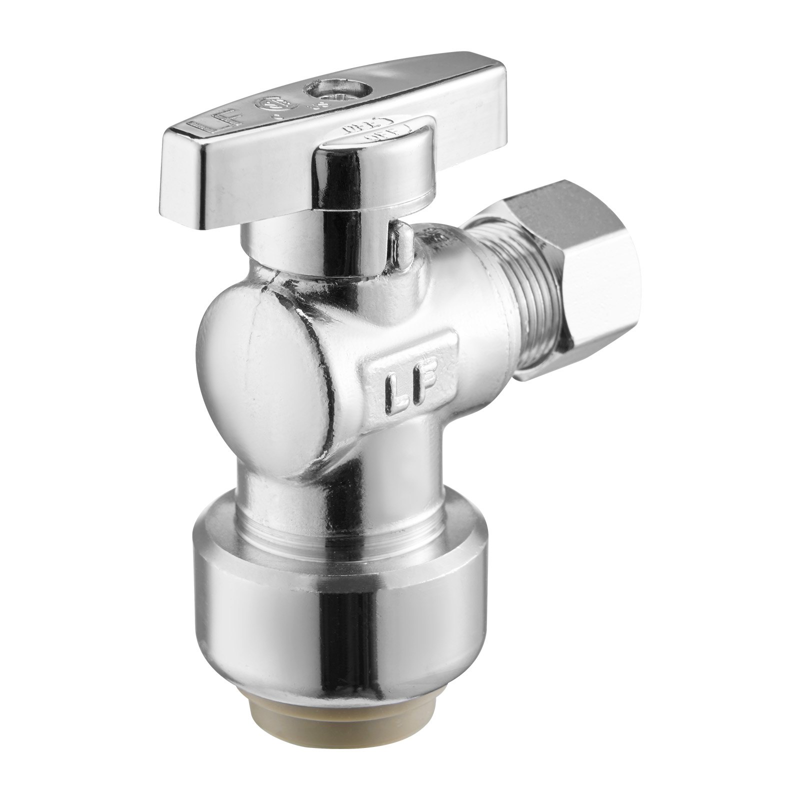 Válvula de cierre angular, paquete de 10, 1/2" PTC x 3/8" OD, latón cromado