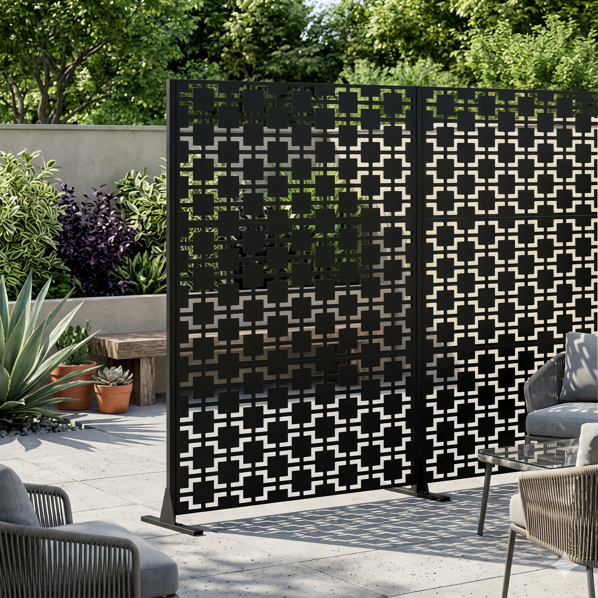 Metal Privacy Screen For Outdoor Freestanding, 72  H X 46  W Decorative Metal Fence Panels With Stable Base, Portable Divider Screens For Patio, Deck, Balcony, Backyard, Garden