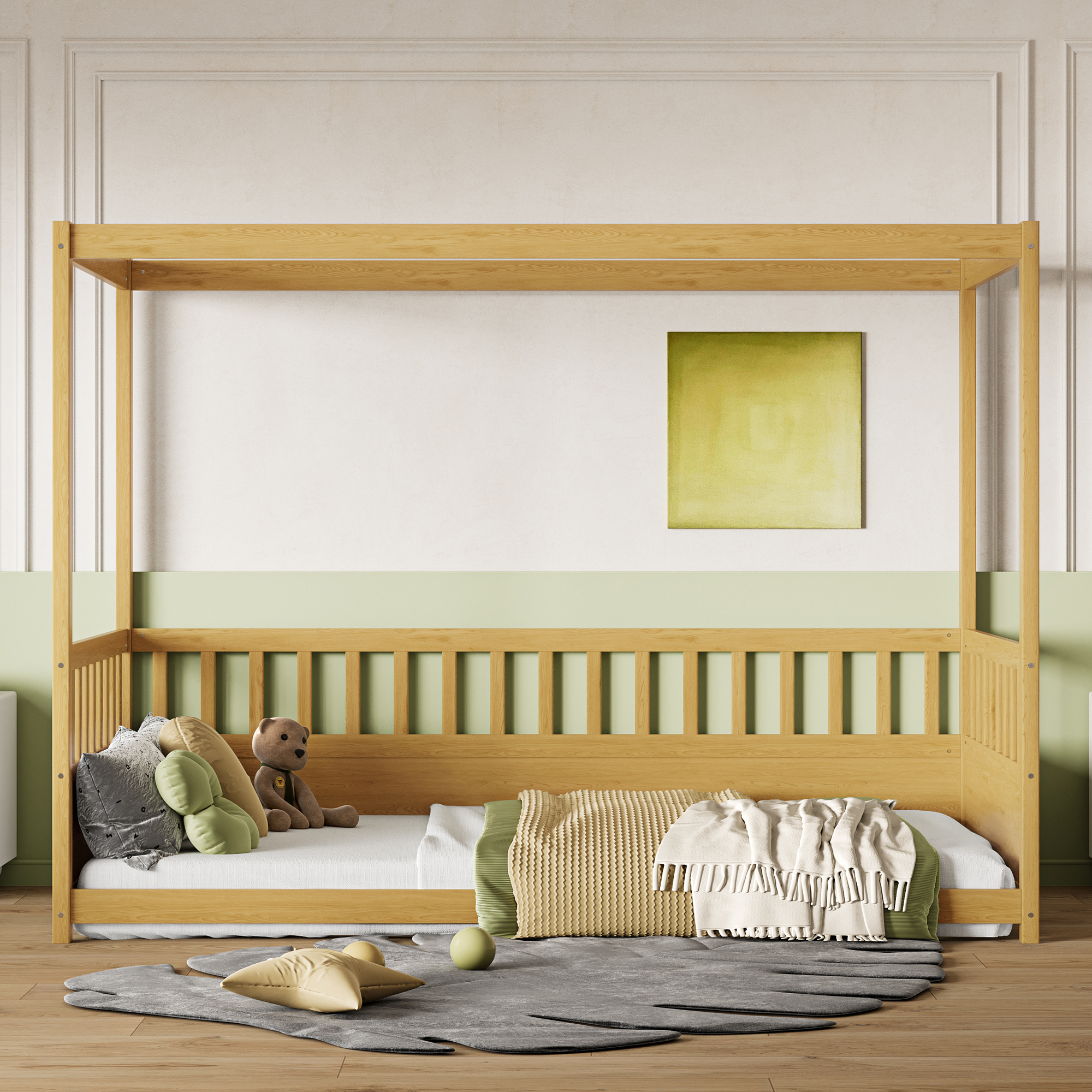 Twin Size Canopy Bed Frame With Guardrails For Kids,Floor Bed Twin With Four Poster Design,Kids Montessori Floor Bed,Wood Canopy Bed Frame For Girls,Boys Twin,Natural