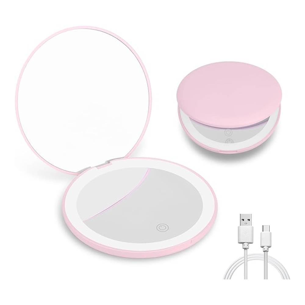 Espejo de maquillaje de viaje con luz LED, aumento, compacto doble cara, 3.5 pulgadas