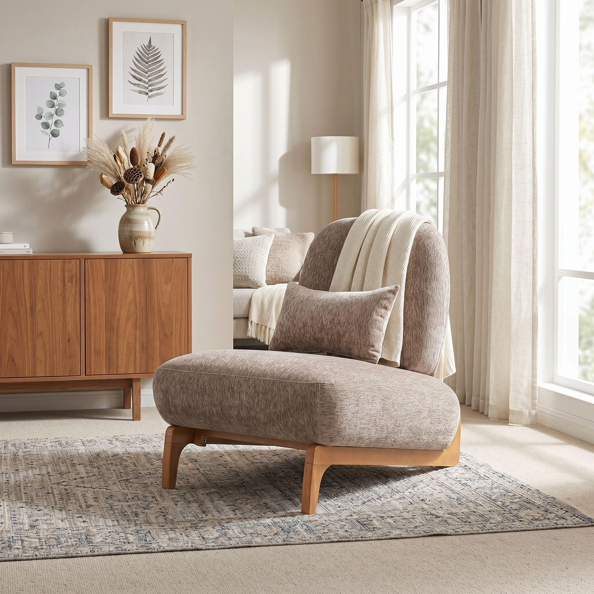 Sillón Decorativo Sin Brazos, Base de Madera Curva, Tapizado en Lino, Respaldo Alto