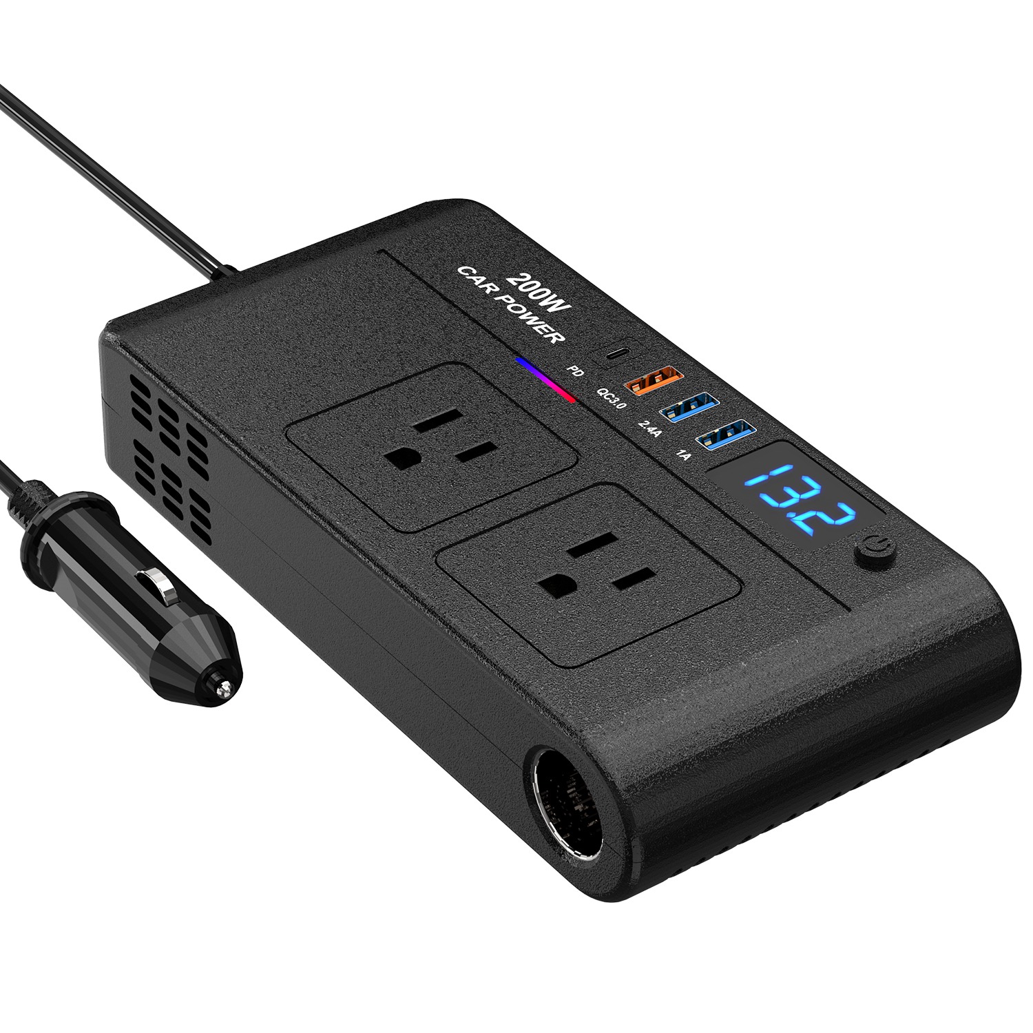 Inversor de corriente para coche 200W 12V a 110V con 2 AC, 1 Tipo C y 3 USB