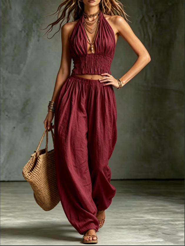 Conjunto bohemio de culottes con pañuelo para el cuello