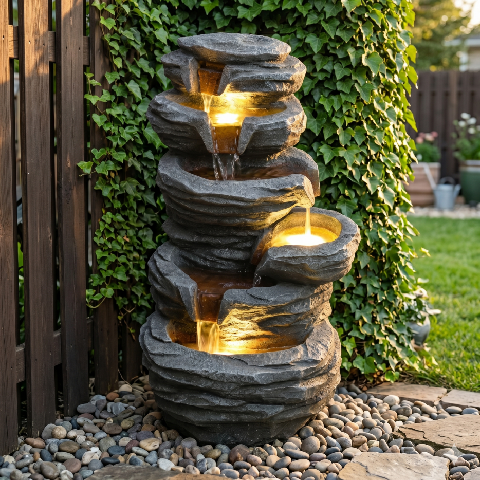 Fuente de cascada exterior con luces, diseño de rocas apiladas, de resina