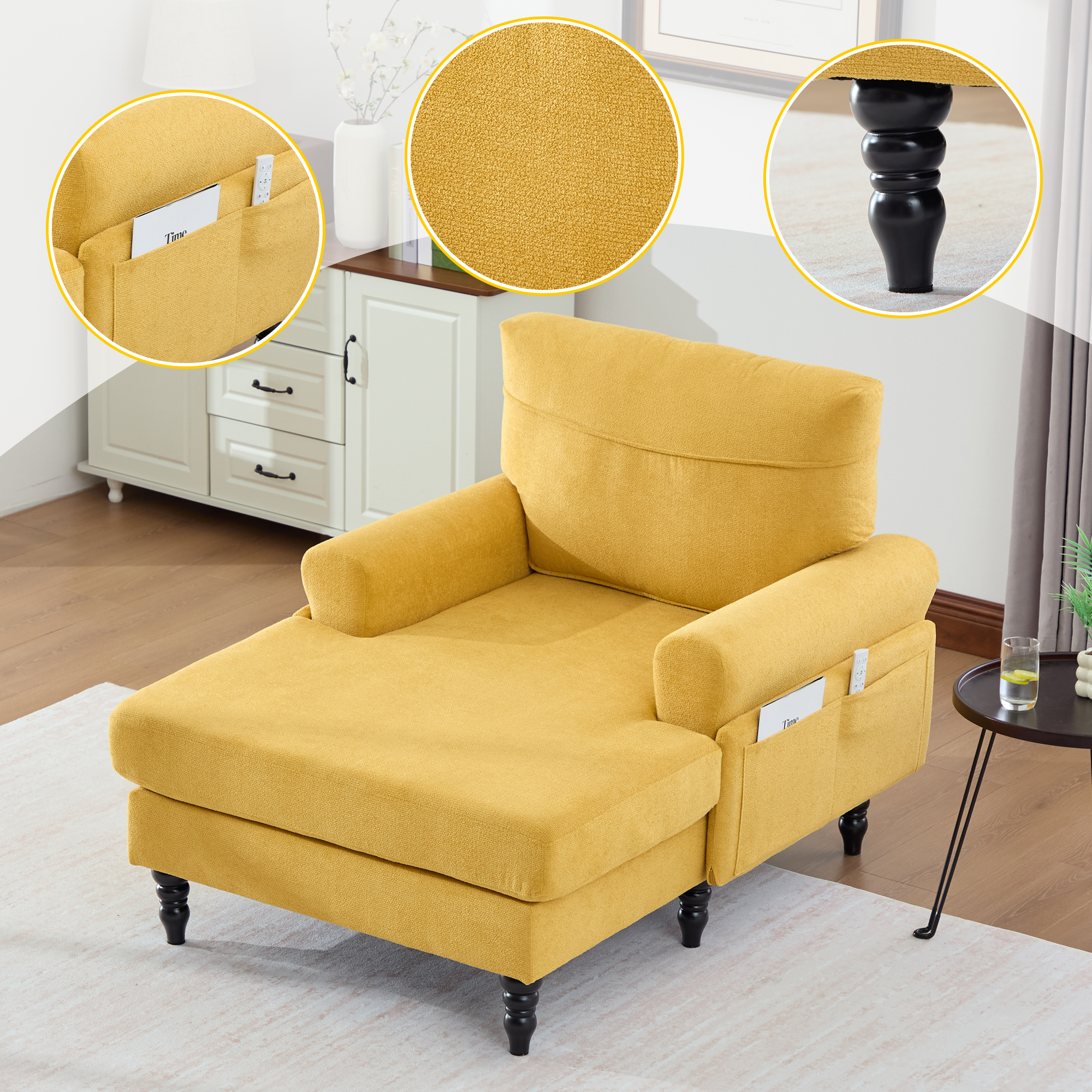 Chaise lounge de tela chenilla con patas de madera y bolsillos laterales