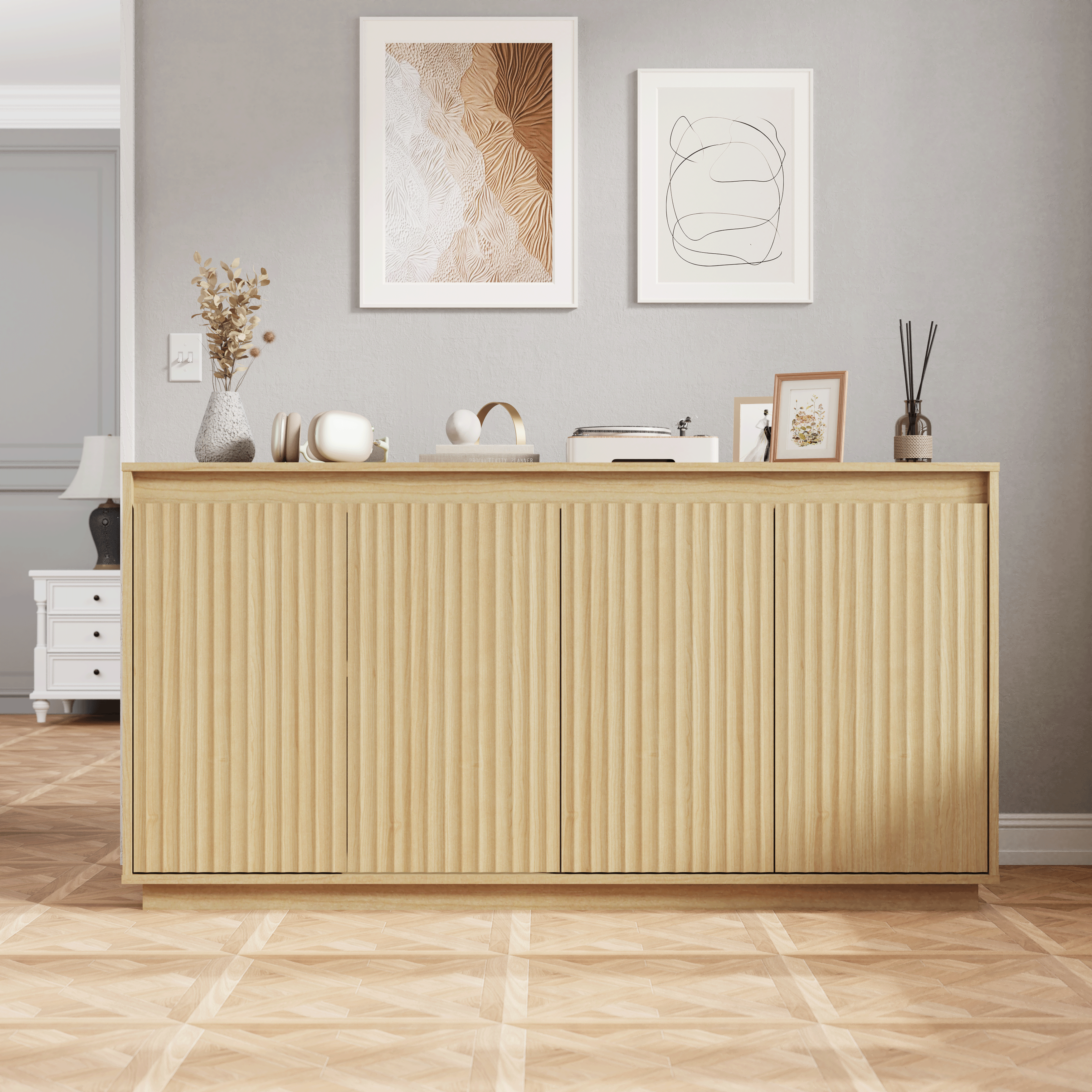 4 Door Sideboard Buffet Cabinet with Power Outlet, Wavy Texture Accent Cabinet with No-Handle Design (Door Top Edge Opening), Freestanding Storage Cabinet for Dining Room Living Room Entryway Natural