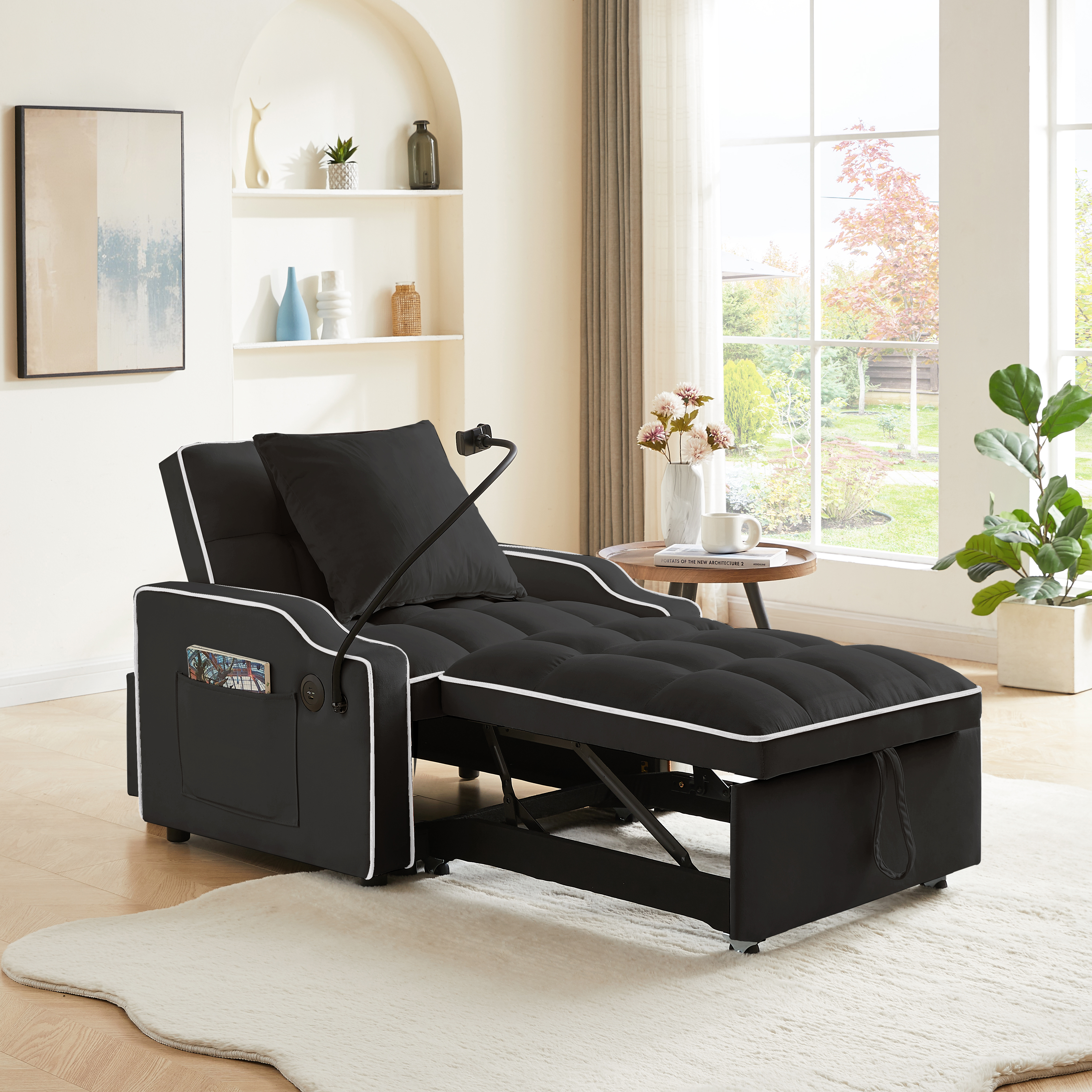 Sleeper Sofa Chair Bed,  3 In 1 Convertible Sofa Chair With With Adjustable Backrest & Phone Holder & USB, Type-C, Adjustable Recliner, Armchair For Living Room Bedroom Apartment Small Space, Black