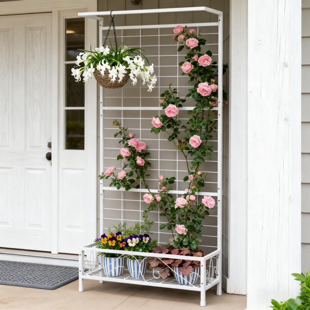 Soporte alto de metal blanco para plantas con celosía y barra colgante, interior/exterior.
