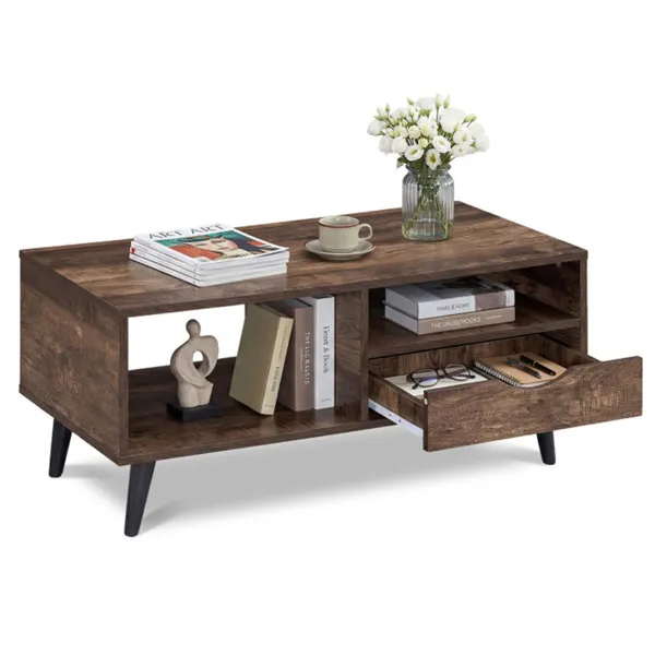 36.5" Rustic Coffee Table With Drawer & Open Shelves, Engineered Wood Center Table For Living Room Walnut