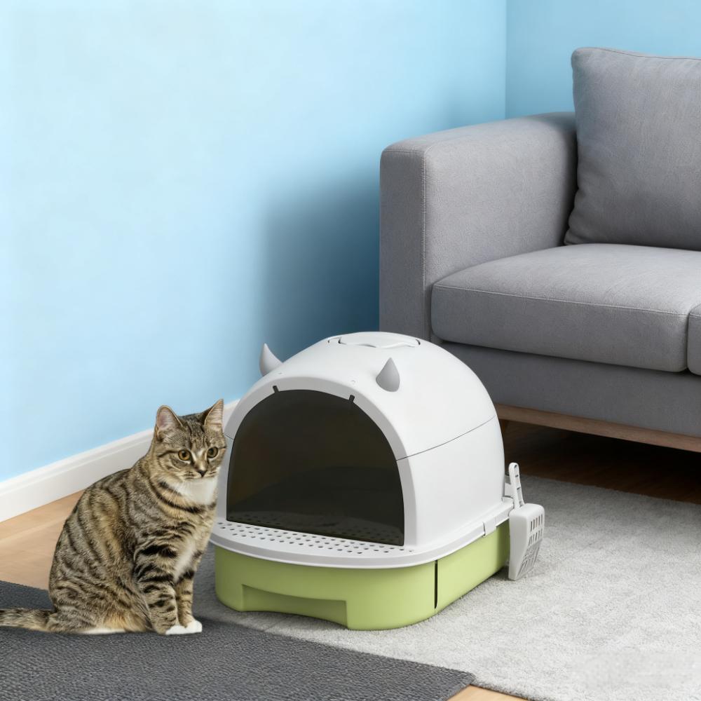 Arenero para gatos verde con tapa, pala y bolsas desodorizantes