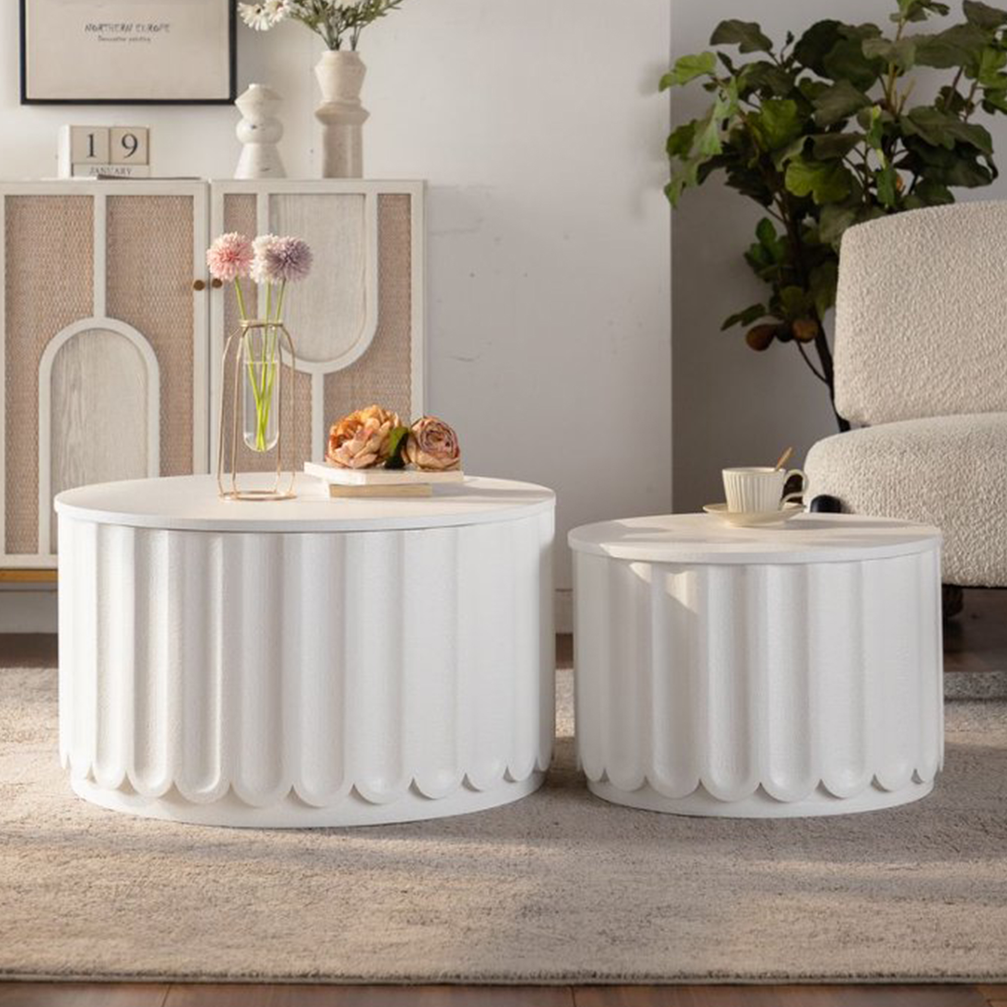 White Round Storage Table Set With Lift-Off Lid, Nesting Design, Elegant Curved-Edge Shape For Cozy Living Room Styling