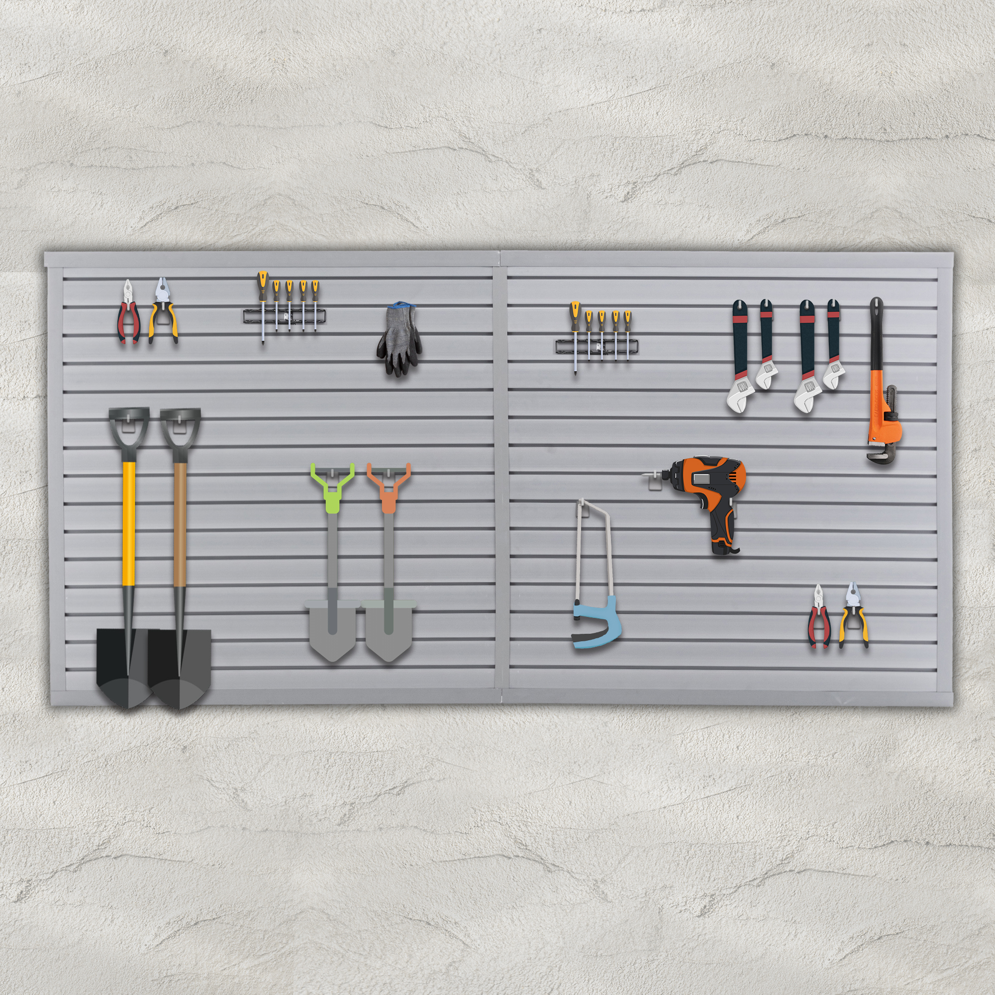 Organizador de garaje PVC Slatwall, 8x4 pies, 10 paneles, gris oscuro, montaje pared