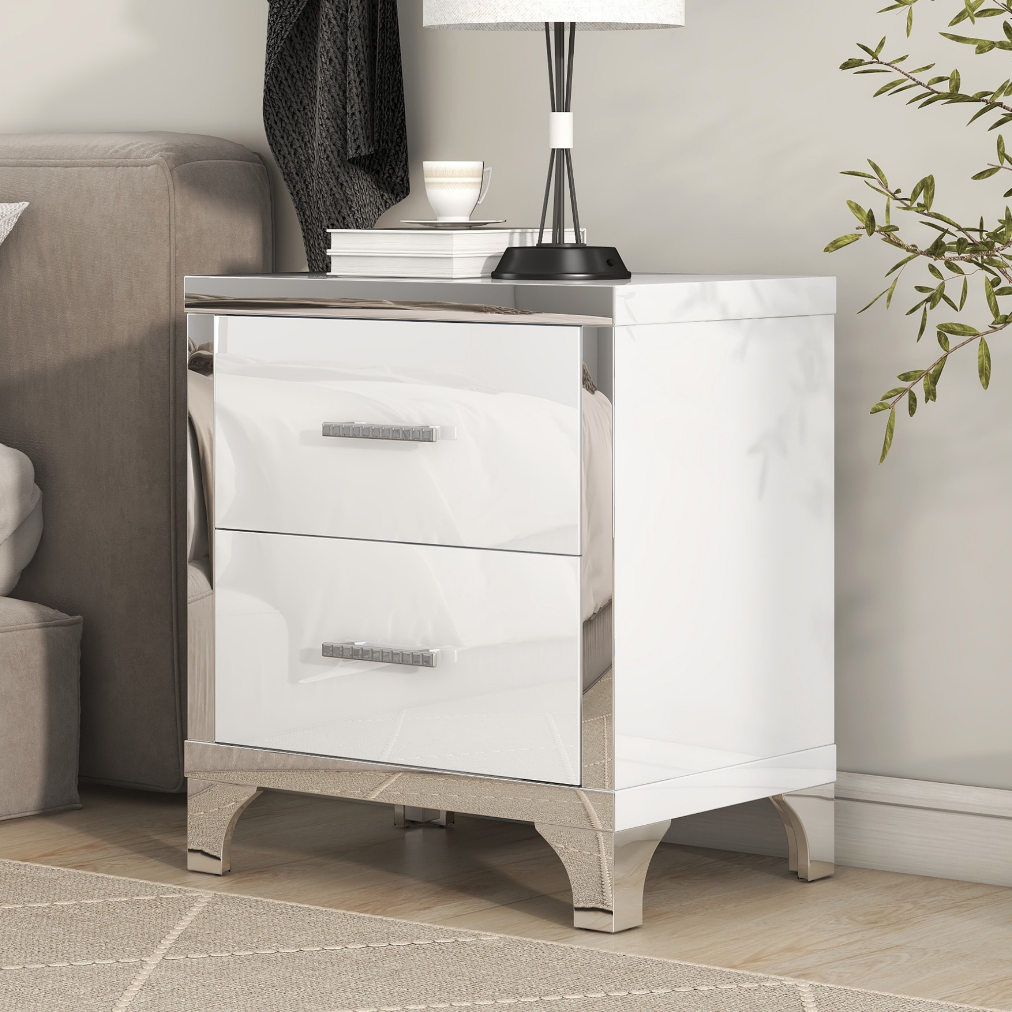 Elegant High Gloss Nightstand With Metal Handle,Mirrored Bedside Table With 2 Drawers For Bedroom,Living Room,White