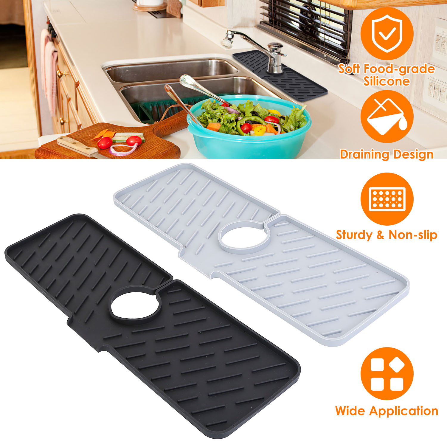 Black-Grey Color Options -- 1Pc Silicone Faucet Mat Kitchen Sink Splash Guard Drain Mat Drying Pad Kitchen Mat Bathroom Drip Catcher
