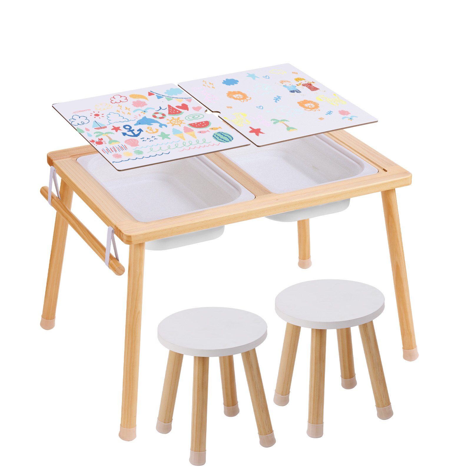 Sensory Table And Chairs Set, Toddlers Activity Table With 2 Stools, 2 Storage Bins & Paper Roll Holder, Indoor/Outdoor Play Sand And Water Table, Wooden Kids Sensory Table - Gift For Boys Girls