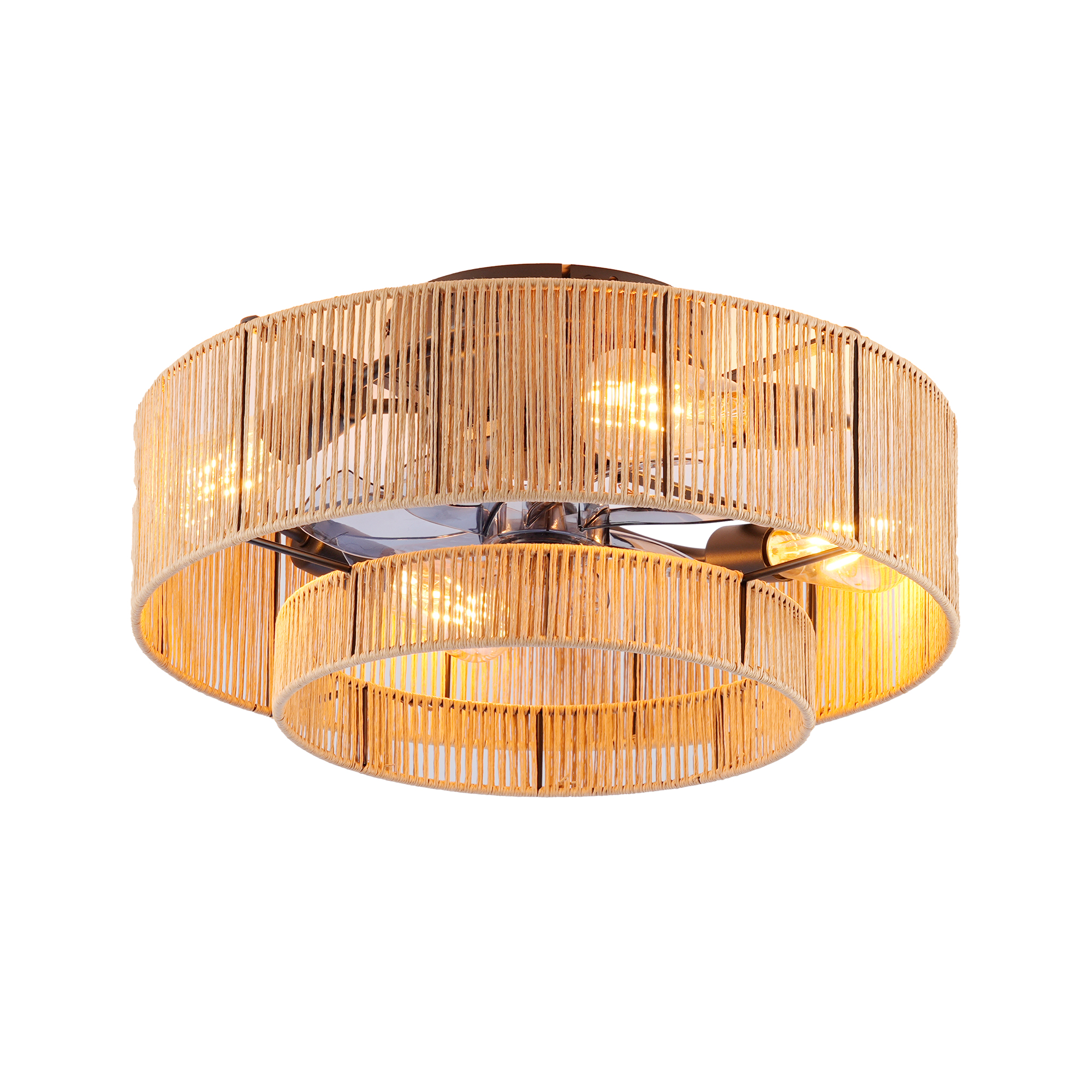 20  Double Tier Rope Caged  Flush Mount Ceiling Fan With Light Kit  NOT INCLUDED BULBS  ,With Remote Control, Low Profile Chandelier 6 Speed DC Motor Reversible Ceiling Fan For  Living Room Bedroom.
