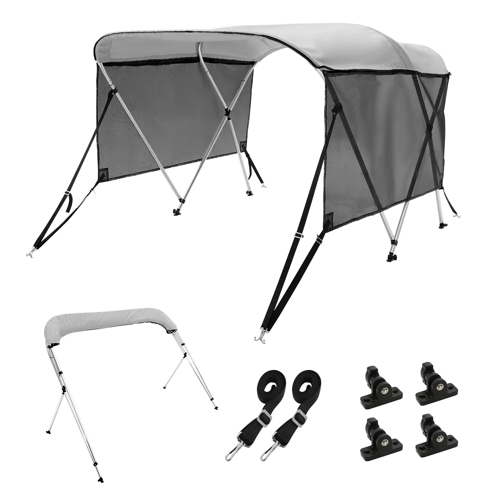 Toldo Bimini para Barco de 3 Arcos, Laterales de Malla Desmontables, Gris Claro