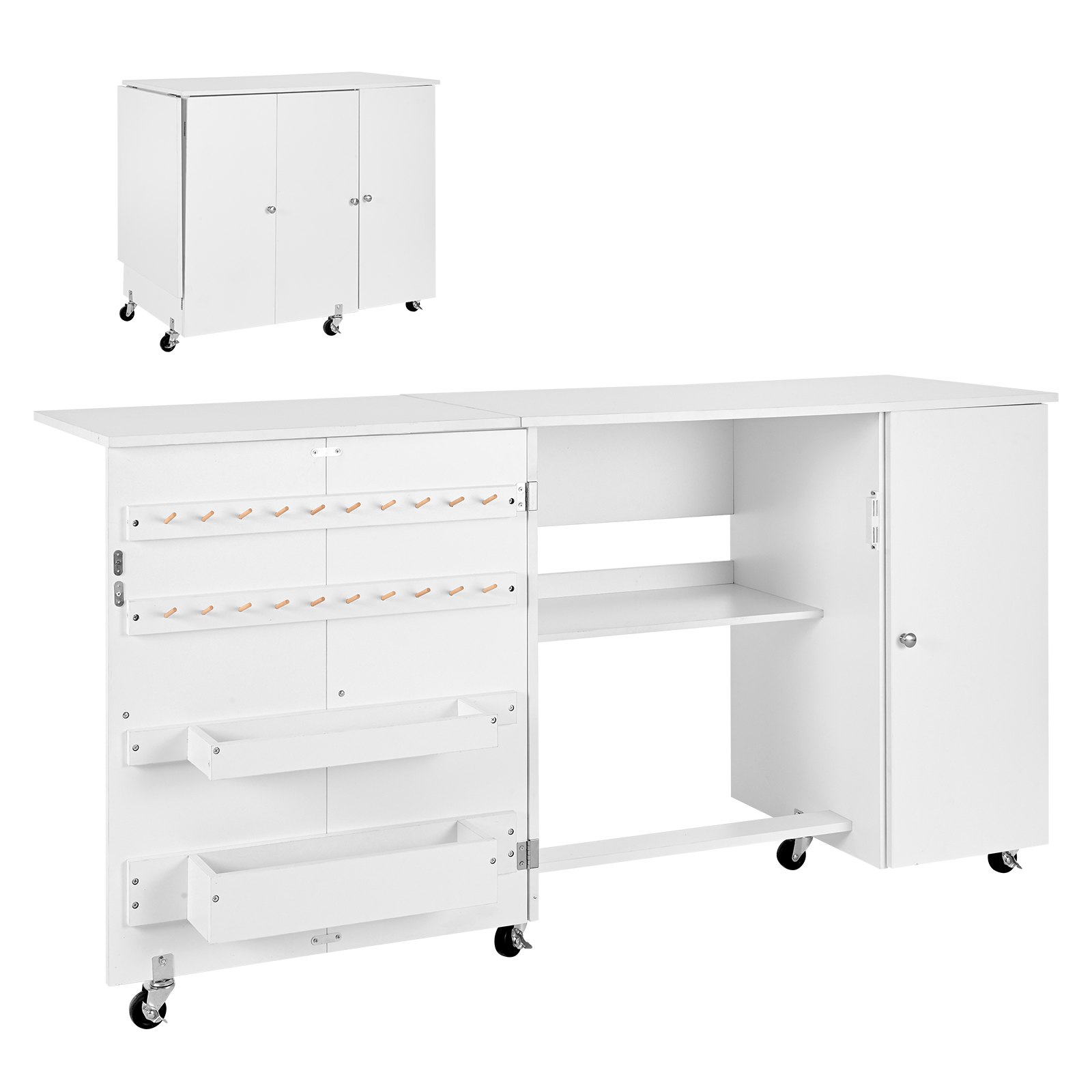 Folding Sewing Table, Multipurpose Sewing Machine Table With Cabinet, Compact Design, Wheels, Wooden Pegs, Storage Trays And Shelf, Magnetic Door, Craft Station And Side Desk For Home, White