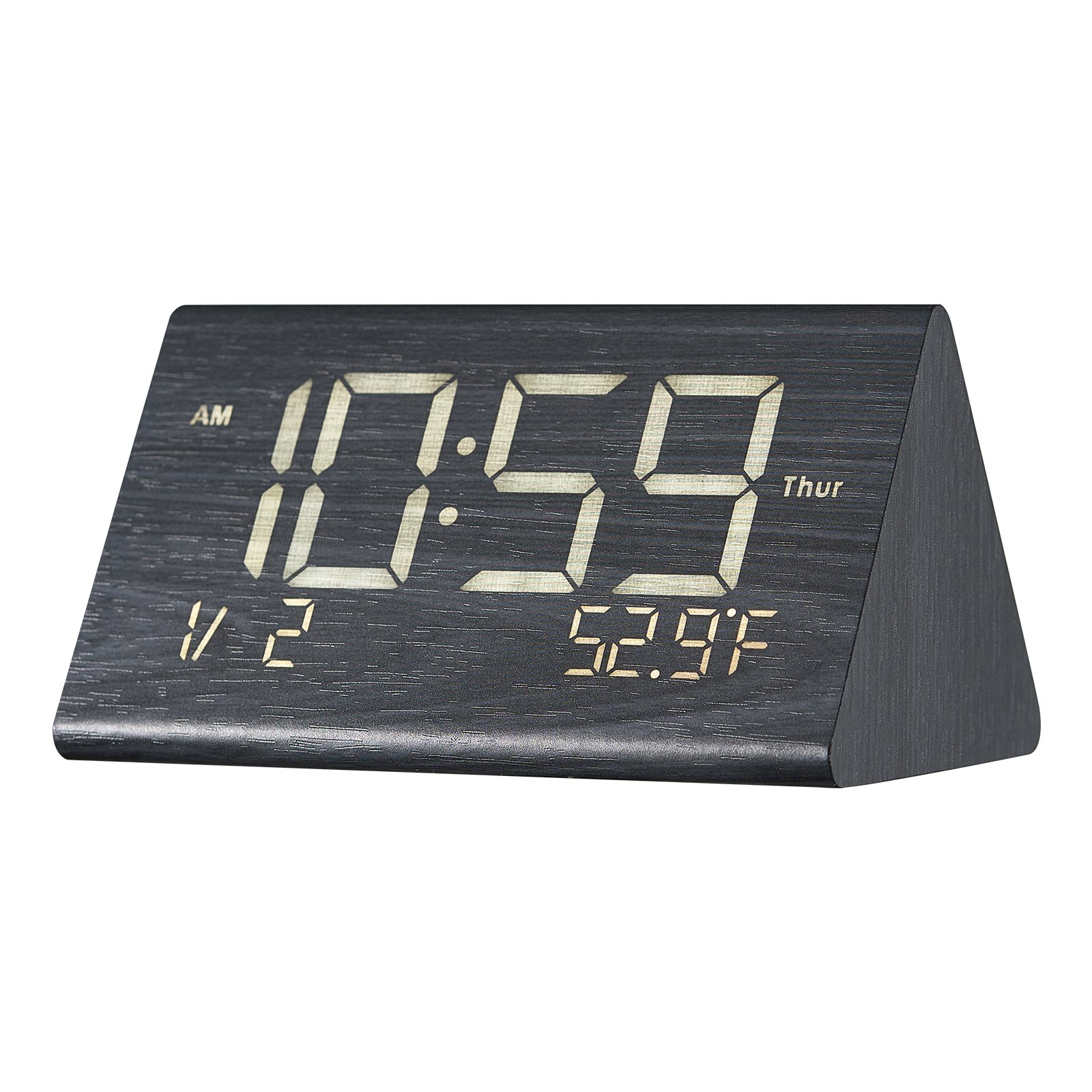 Digital Alarm Clock, Wooden Desk Clock With Dual Alarm, USB Port, Snooze, Night Light, Voice Control, Adjustable Volume, Bedside Desktop Clock With Charger For Bedroom, Kitchen, Office, Black