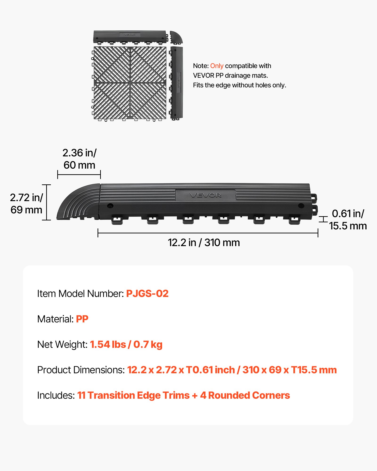 Transition Edge Kit, 11-Piece, Durable PP Interlocking Modular Garage Floor Edging, Easy Installation, Edge Protection For Wet Area Restaurant, Only Compatible With Drainage Mats, Black