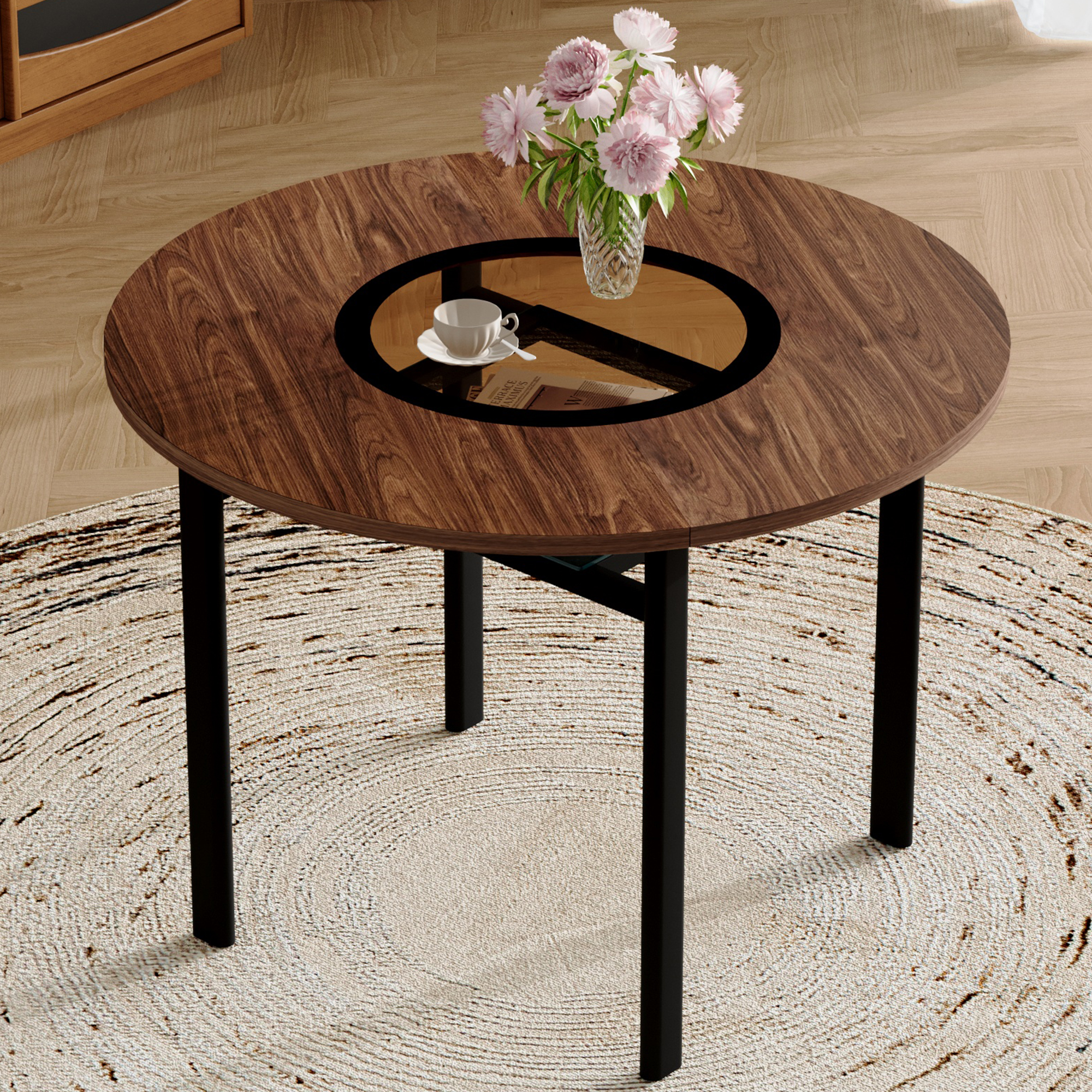 42 Inch Modern Minimalist Brown Wood Grain Round Dining Table Suitable For 4-6 People   Brown Glass Inlay  Metal Stable Bracket, Suitable For Multiple Scenarios  .