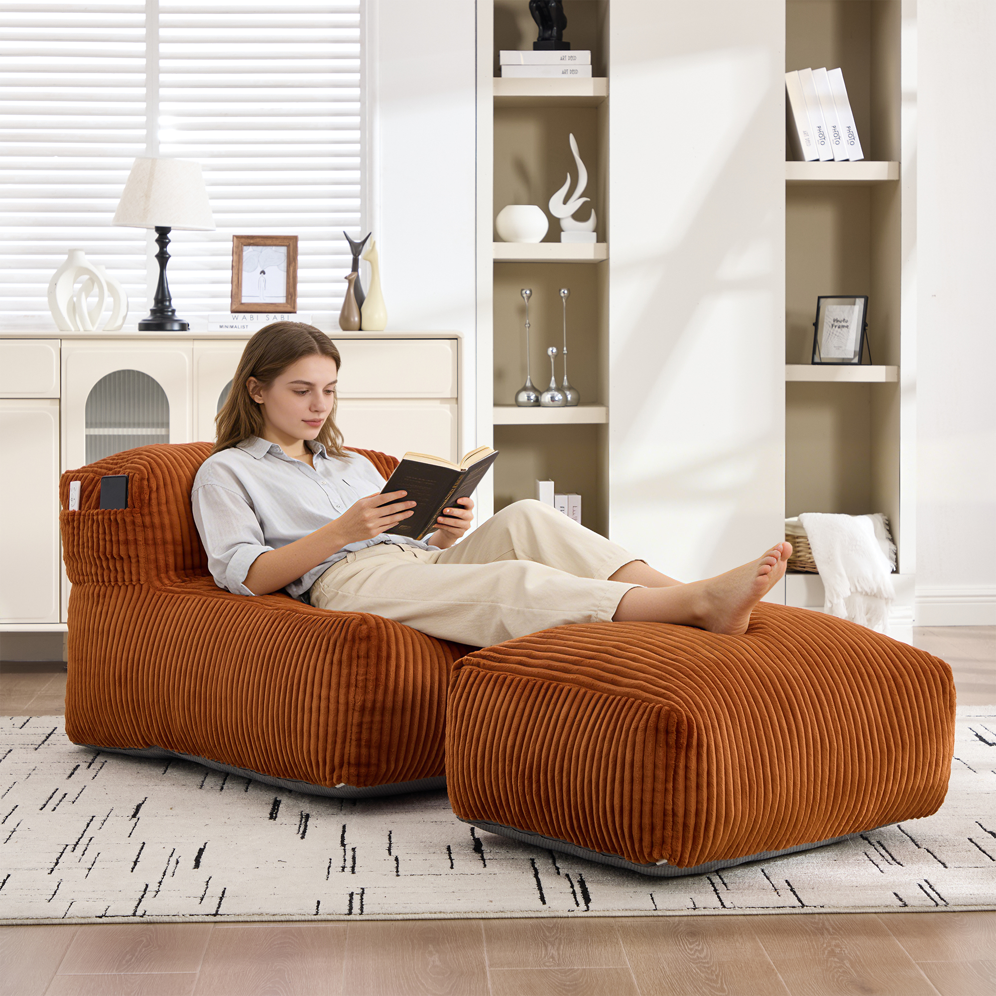 Sillón puff grande para adultos, con reposapiés y relleno de espuma viscoelástica