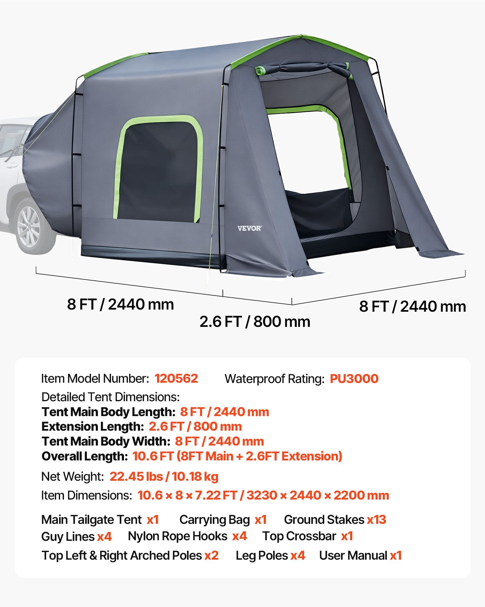 Large SUV Tent For 5–9 Person, 10.6 X 8 FT All-Season SUV Tailgate Tent With Ventilated Door & Mesh Windows, PU3000mm Waterproof Dual-Use Car Rear Hatch Tents For Outdoor Camping Hiking