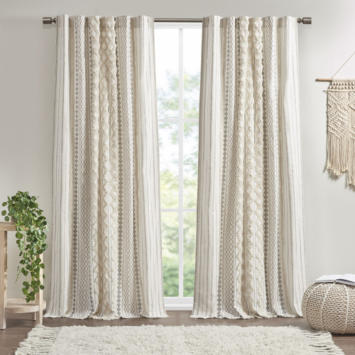 Panel de cortina de algodón estampado con raya de chenilla, forro, marfil 50x84 pulgadas