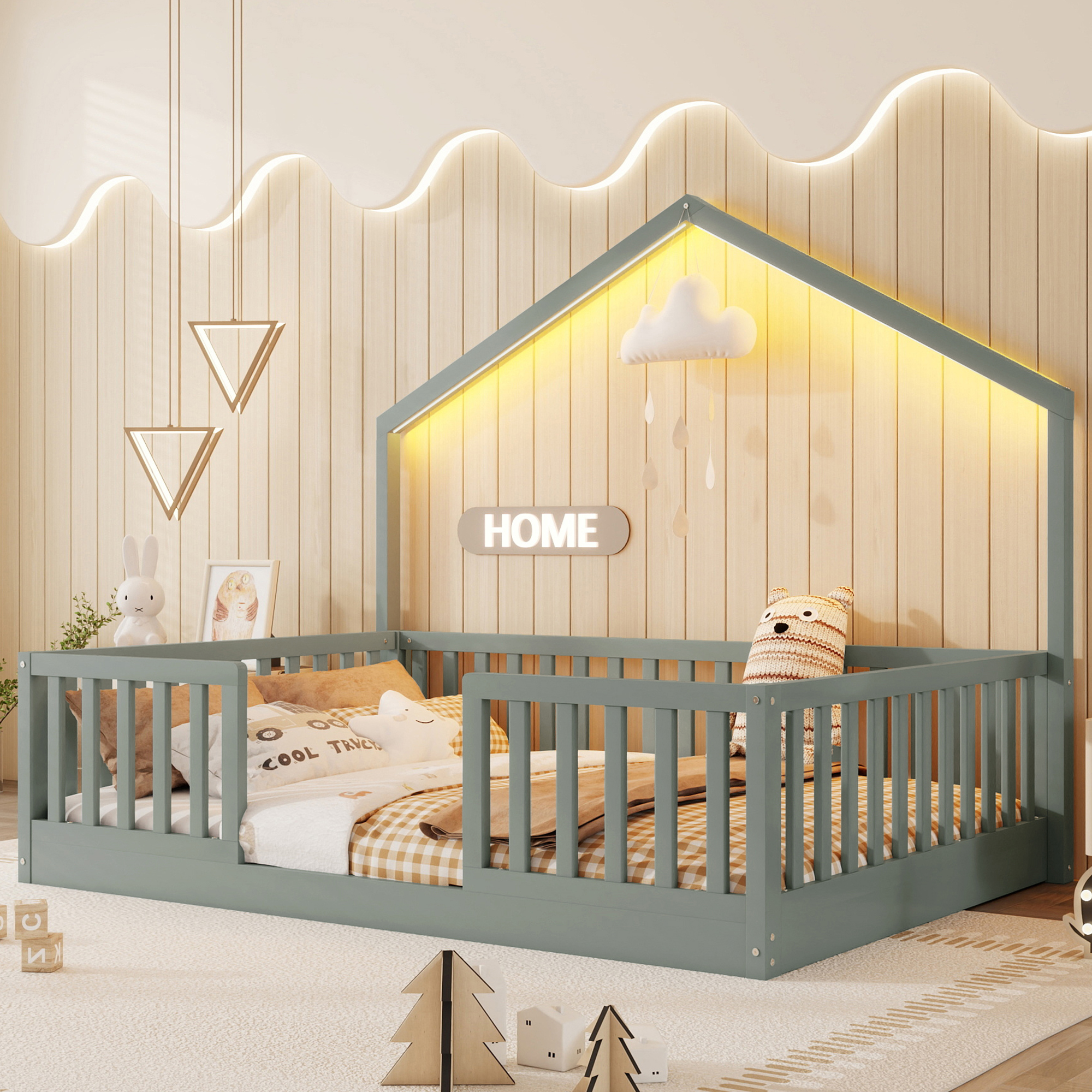 Full Floor Bed With High Rails, Wooden Montessori Bed With Light For Kids, Boys And Girls,GrayExpect Arrival Date 2026 3 16