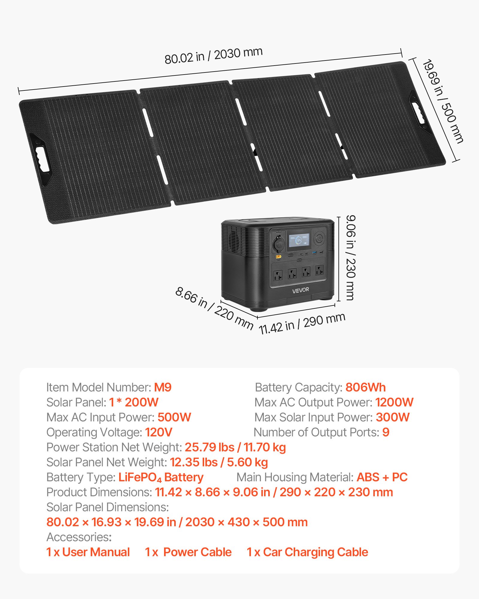 Estación de energía portátil de 1200W con panel solar de 200W y batería 806Wh