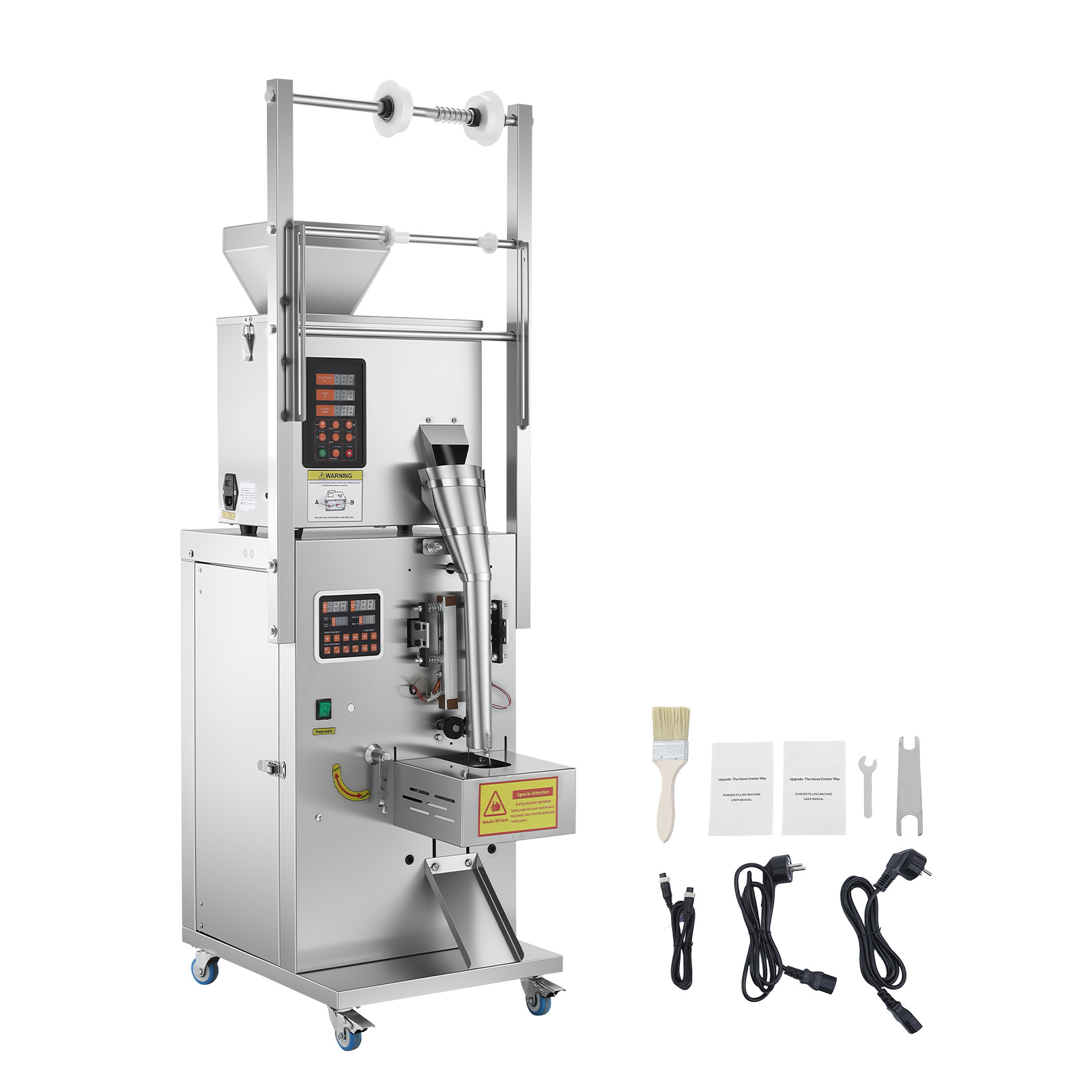 Powder Filling And Sealing Machine, 1-99.9g(0.002-0.22lbs) Automatic Particle Granule Packaging Machine, Stainless Steel, Weighing Filling Sealing, For Coffee Beans, Grains, Tea, Spices, Silver