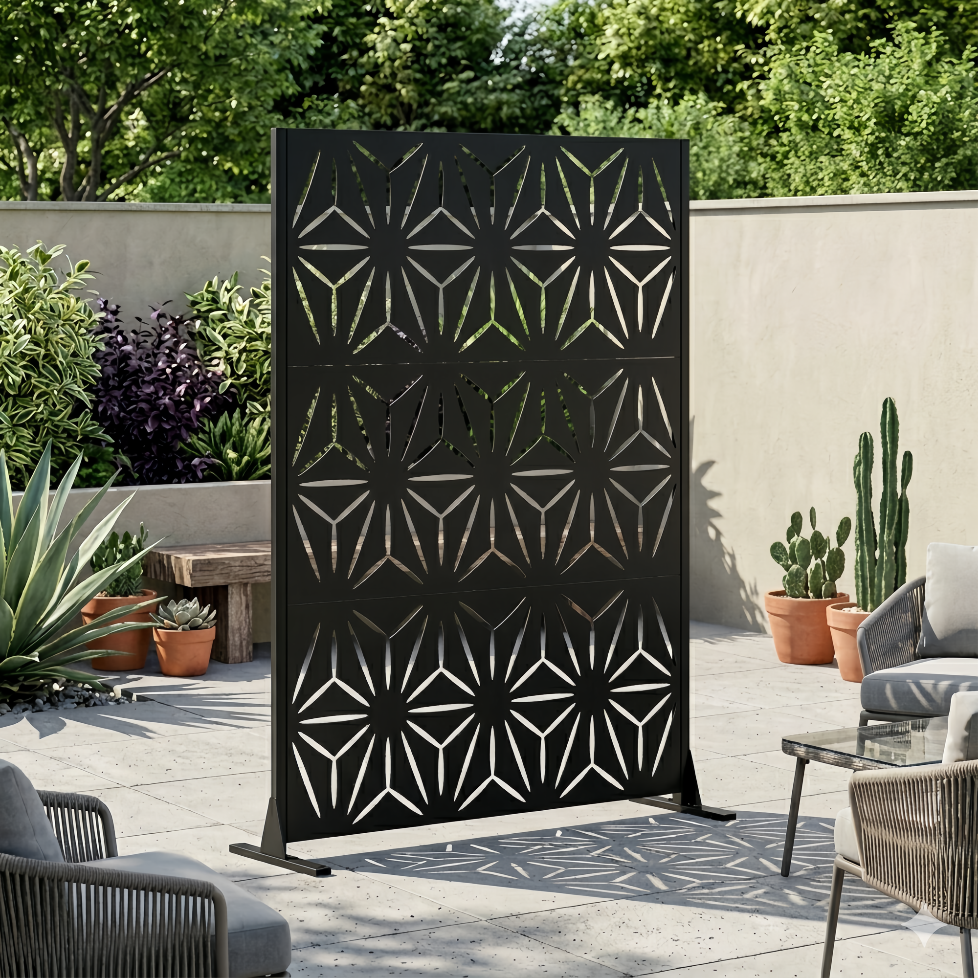 Metal Privacy Screen For Outdoor Freestanding, 72  H X 46  W Decorative Metal Fence Panels With Stable Base, Portable Divider Screens For Patio, Deck, Balcony, Backyard, Garden