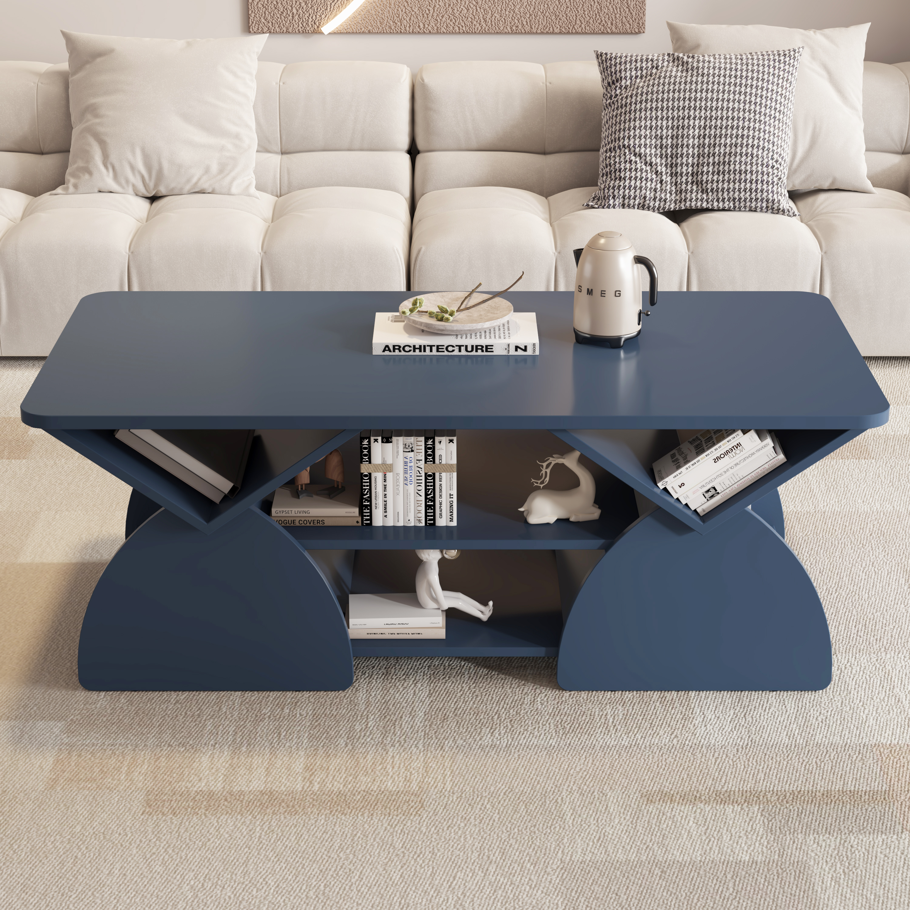 Engineered Wood Rounded Corner Rectangular Coffee Table For Living Room, Easy Assembly Storage Table With Open Shelves Sturdy Frame For Reception Room, Modern Coffee Table Geometric Design BLUE