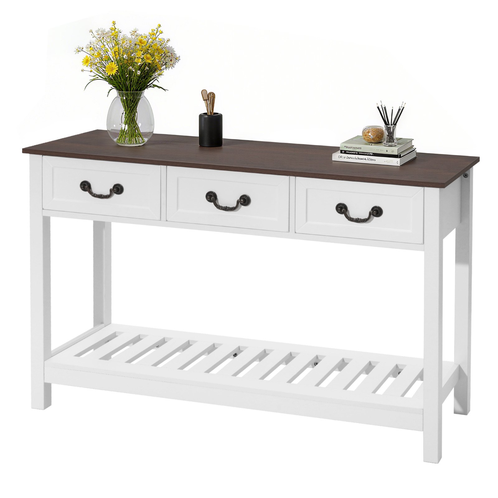 Mesa consola de 47 pulgadas, estilo rústico con cajones y estante, marrón + blanco