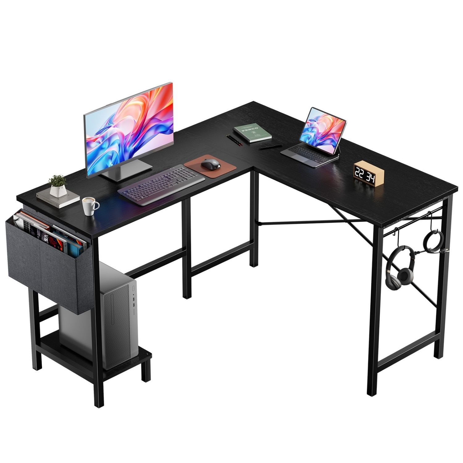 L Shaped Computer Desk With Storage Bag And CPU Holder, Reversible Corner Office Desk, Workstation For Gaming Study Home