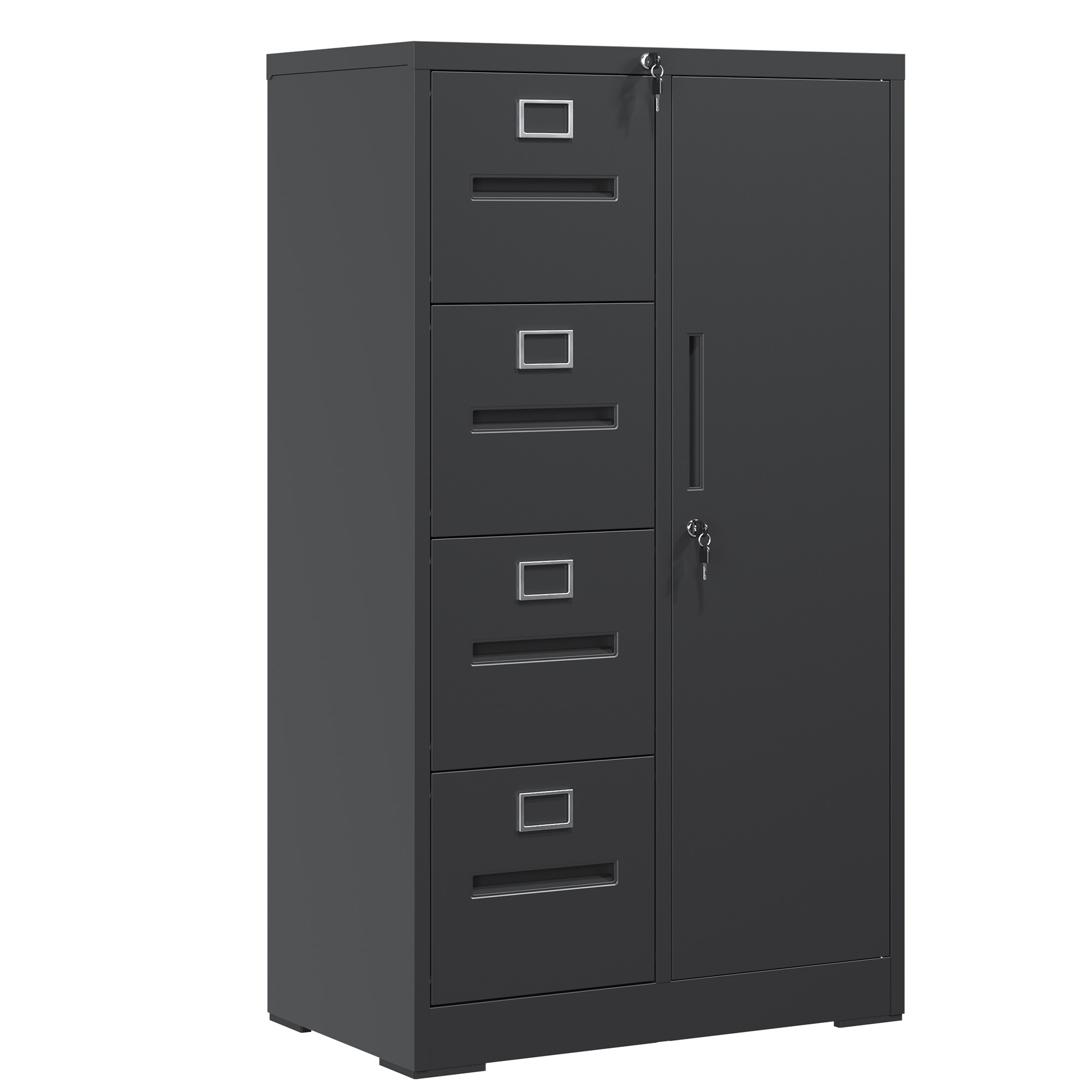Archivador metálico vertical con cerradura, 4 cajones y 1 puerta, negro.