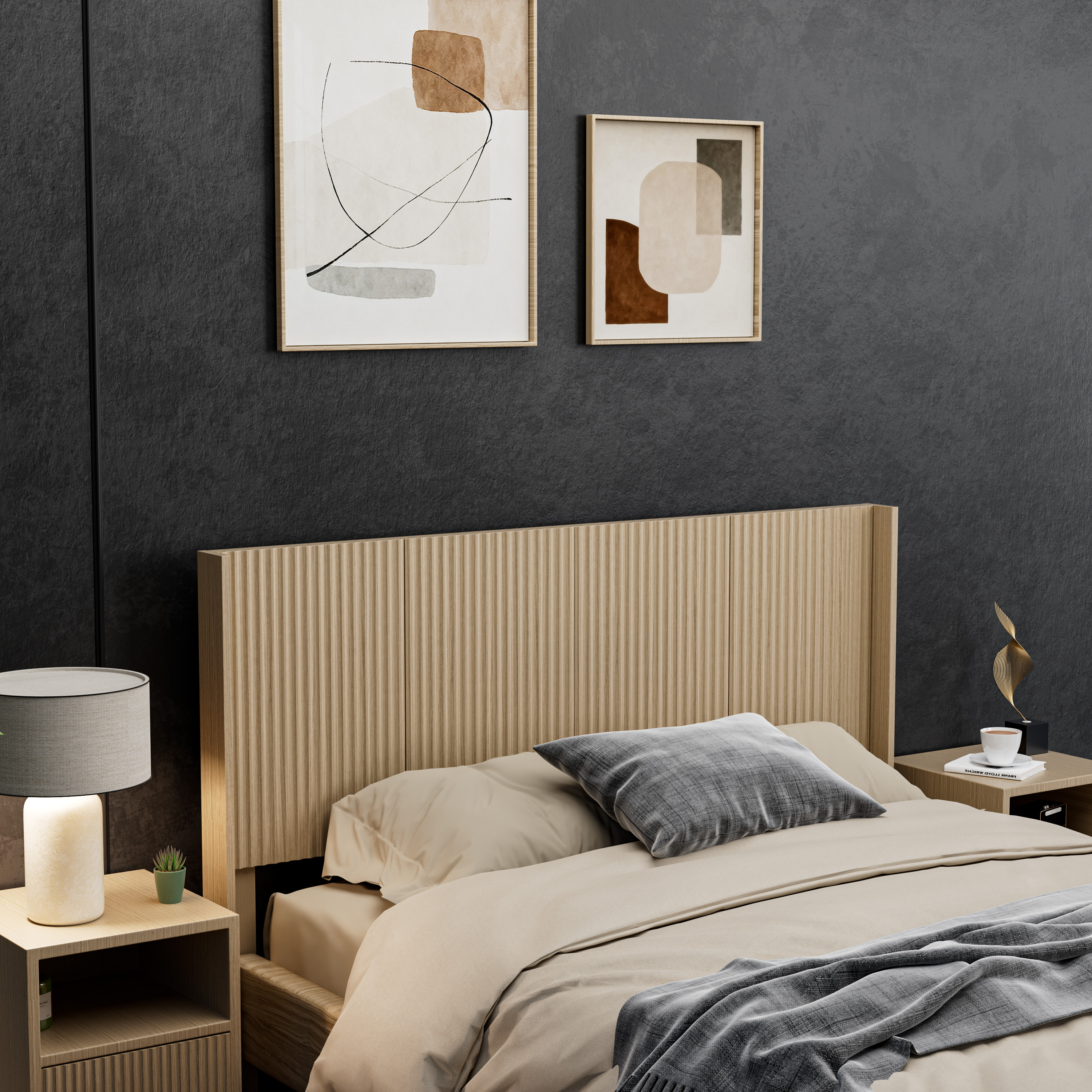 Cabecera de madera tamaño Queen, 64.4 de ancho, panel acanalado, roble natural