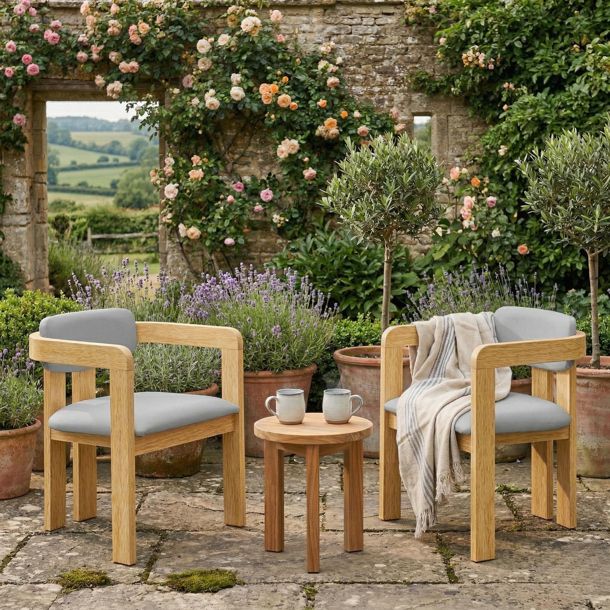 Set Of 2 Outdoor Acacia Wood Dining Chairs With Cushions, Modern Solid Wood Armchairs With Weather-Resistant Upholstery For Patio, Garden, Balcony & Backyard,Grey Cushion
