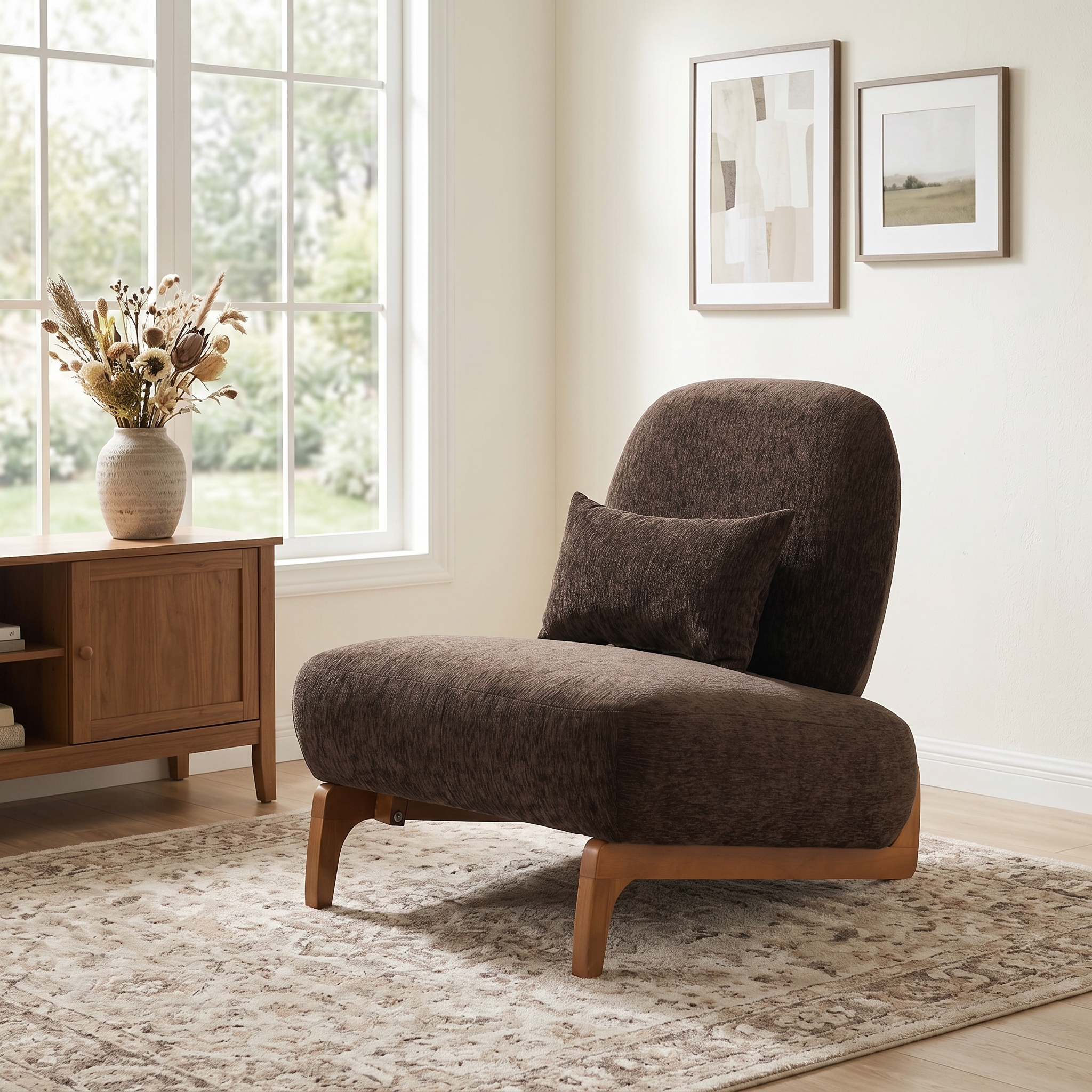Modern Armless Accent Chair with Curved Wood Base, Linen Upholstered Slipper Chair with Lumbar Pillow, High-Back Lounge Chair for Living Room, Bedroom & Reading Nook,