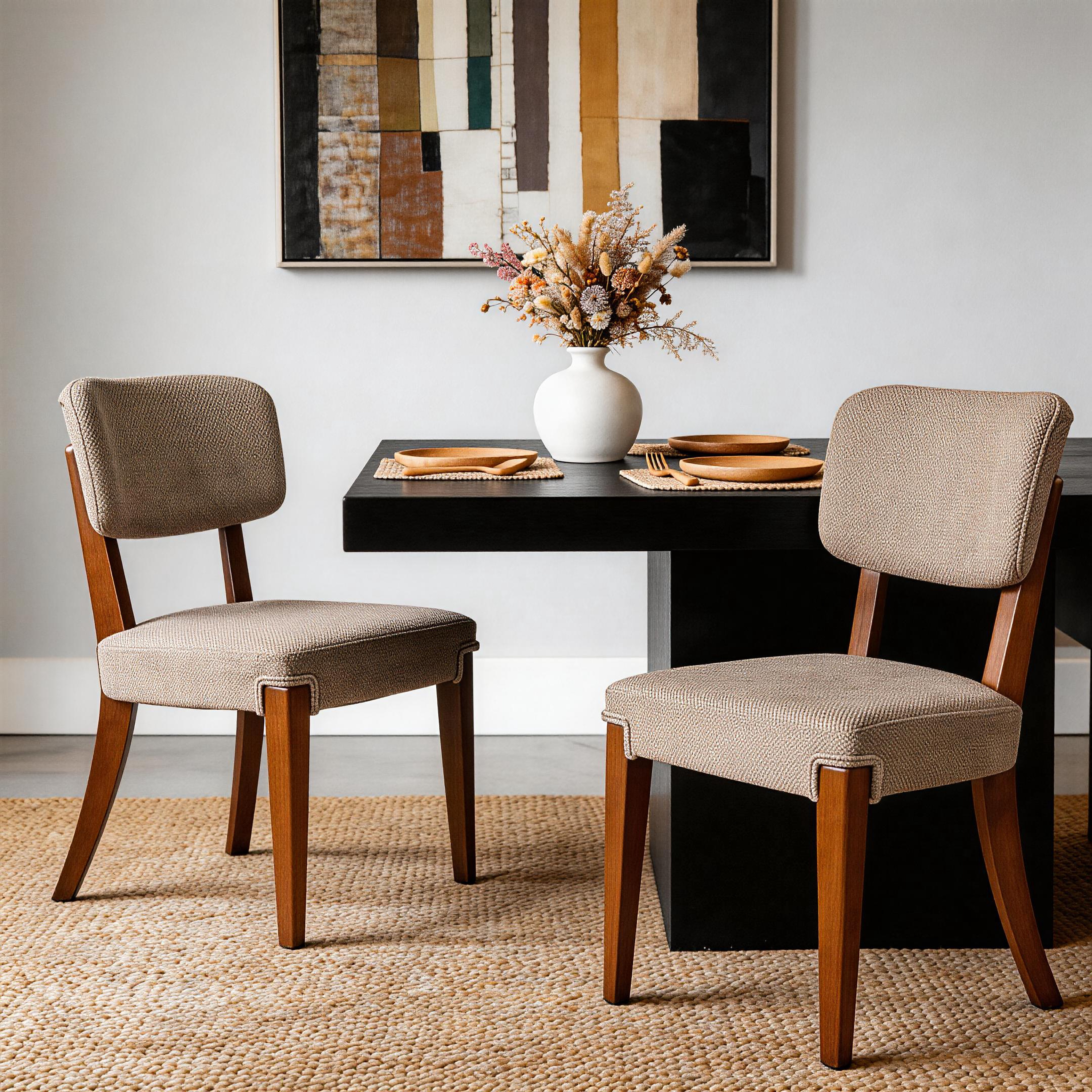 Juego de 2 sillas de comedor modernas sin brazos, marrones, con patas de madera.