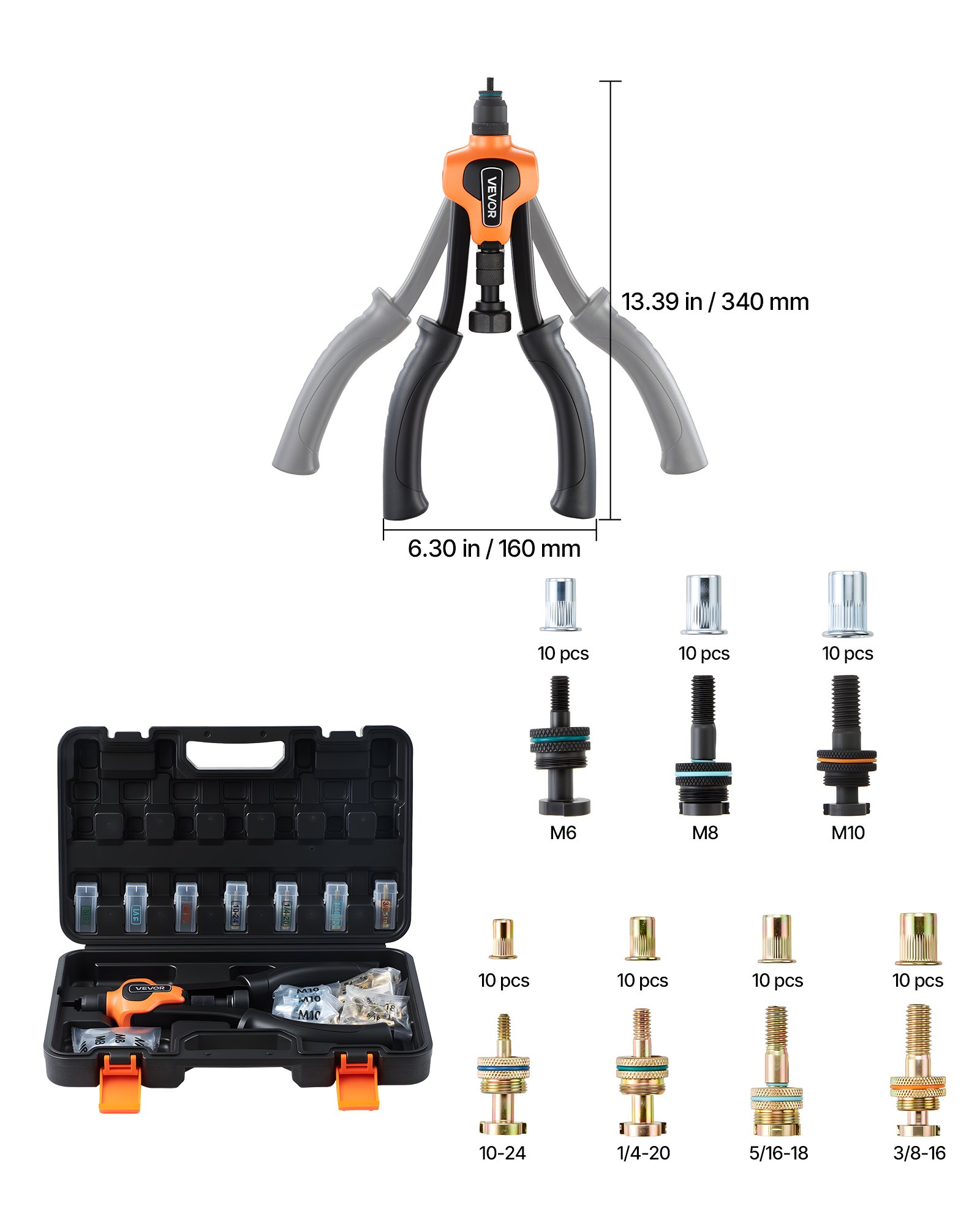 Kit de herramienta para tuercas remachables, 14 pulgadas, 7 mandriles y 70 tuercas