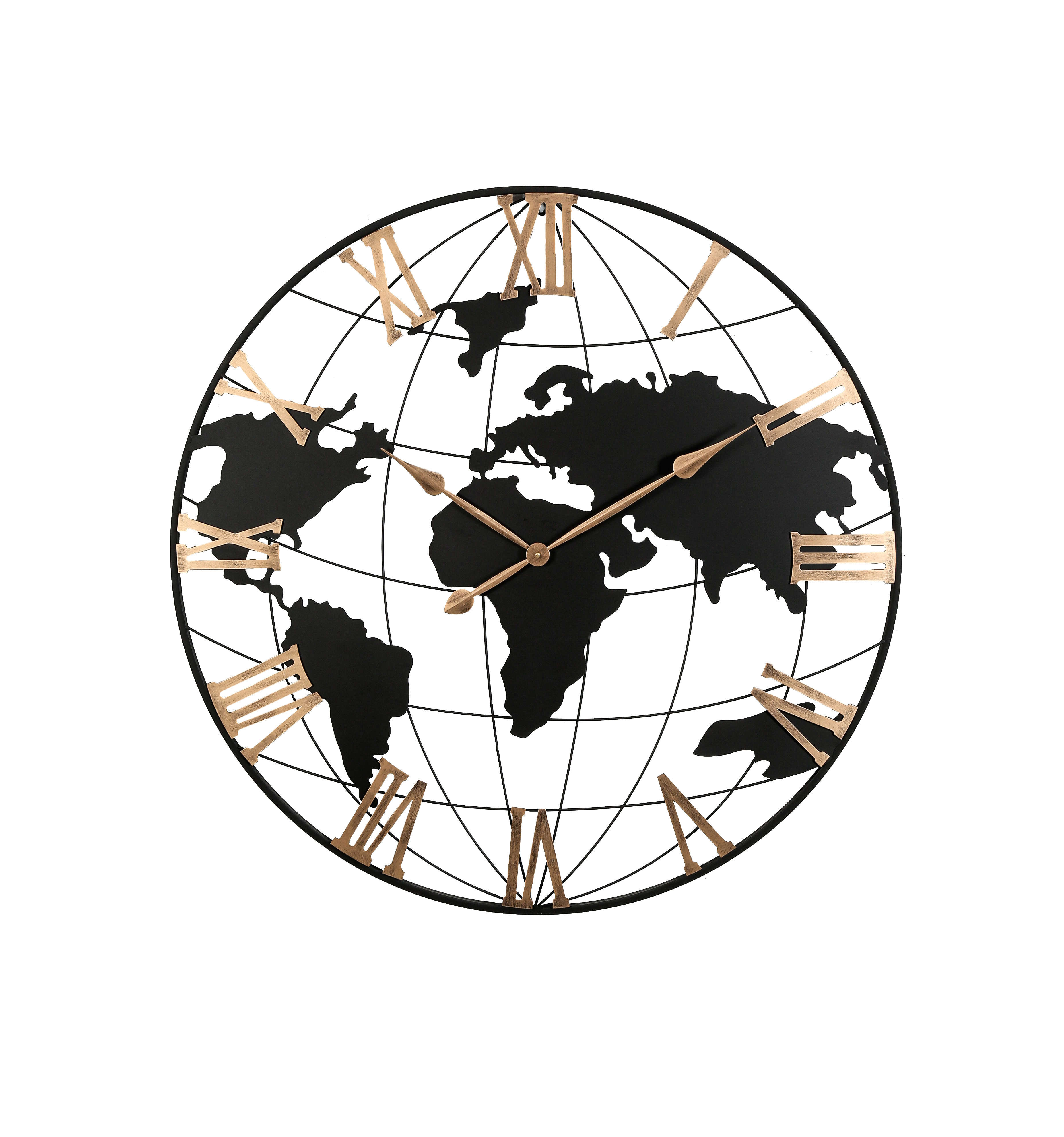 36 Inch Extra Giant Large Black Metal Wall Clock, Modern Silent World Map Wall Clock With Vintage Gold Roman Numeral, Decorative For Living Room, Entryway, Dinning Room, Bedroom