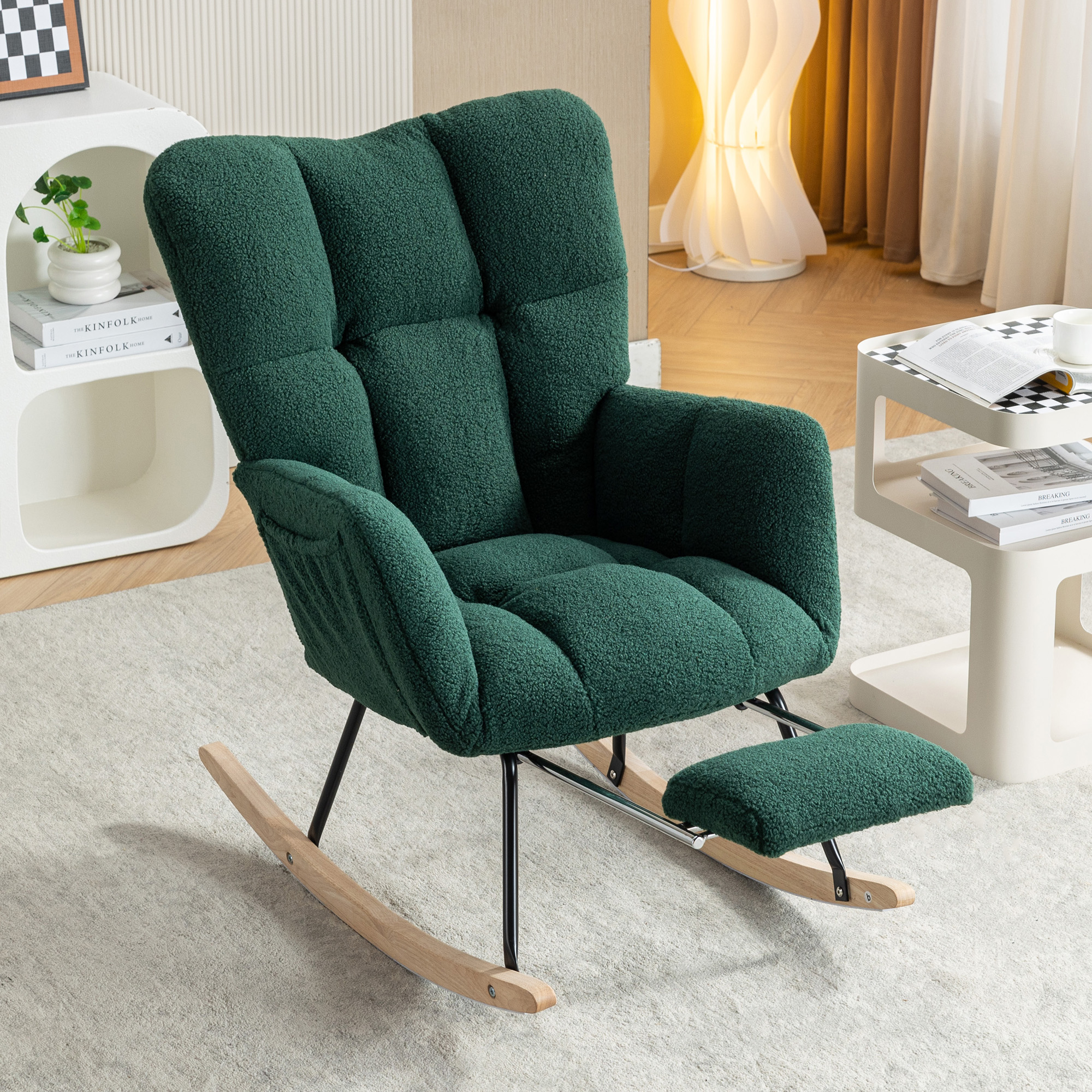 Mecedora 067 de tela Teddy con reposapiés ajustable, base de madera y metal, verde