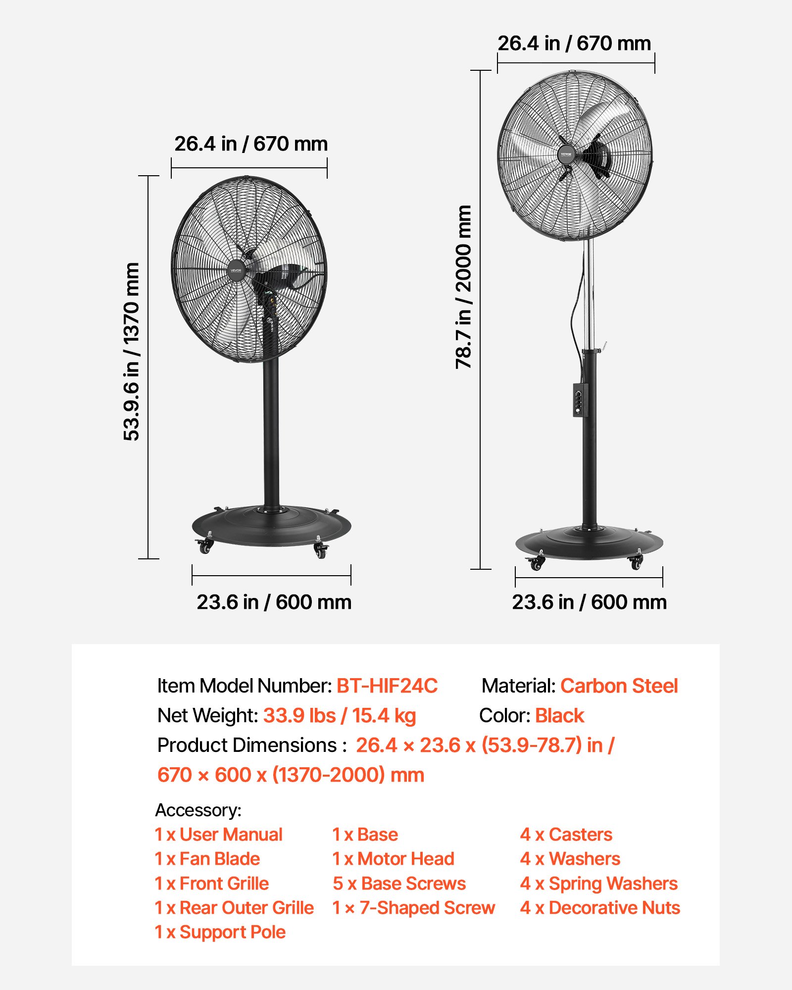 24-Inch High Velocity Pedestal Fan, 6800 CFM Industrial Standing Floor Fan With 85° Oscillating, 3-Speed Adjustable Height, IP44 Waterproof, Carbon Steel For Commercial, Garage, Workshop, Black
